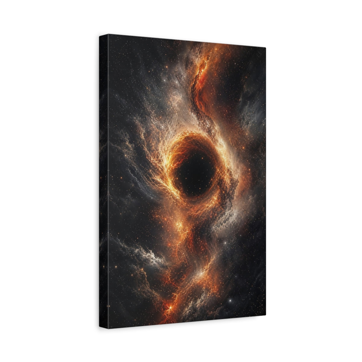 Side Mockup 4. Science Fiction Black Hole Orange And Black Nebula shown as stretched canvas wall art