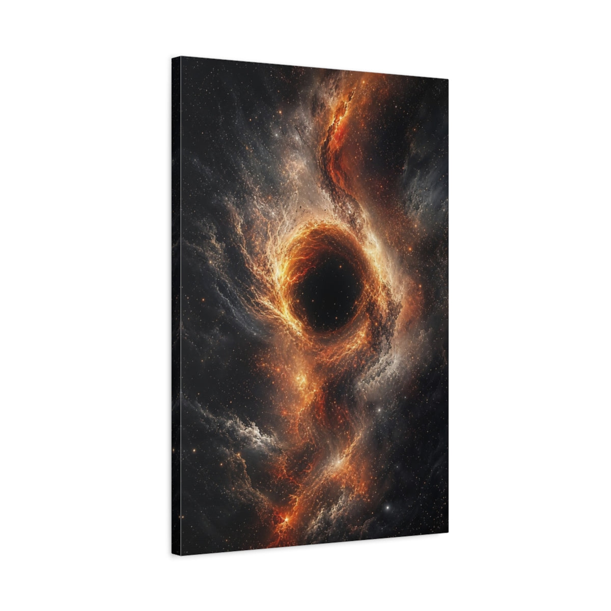 Side Mockup 2. Science Fiction Black Hole Orange And Black Nebula shown as stretched canvas wall art