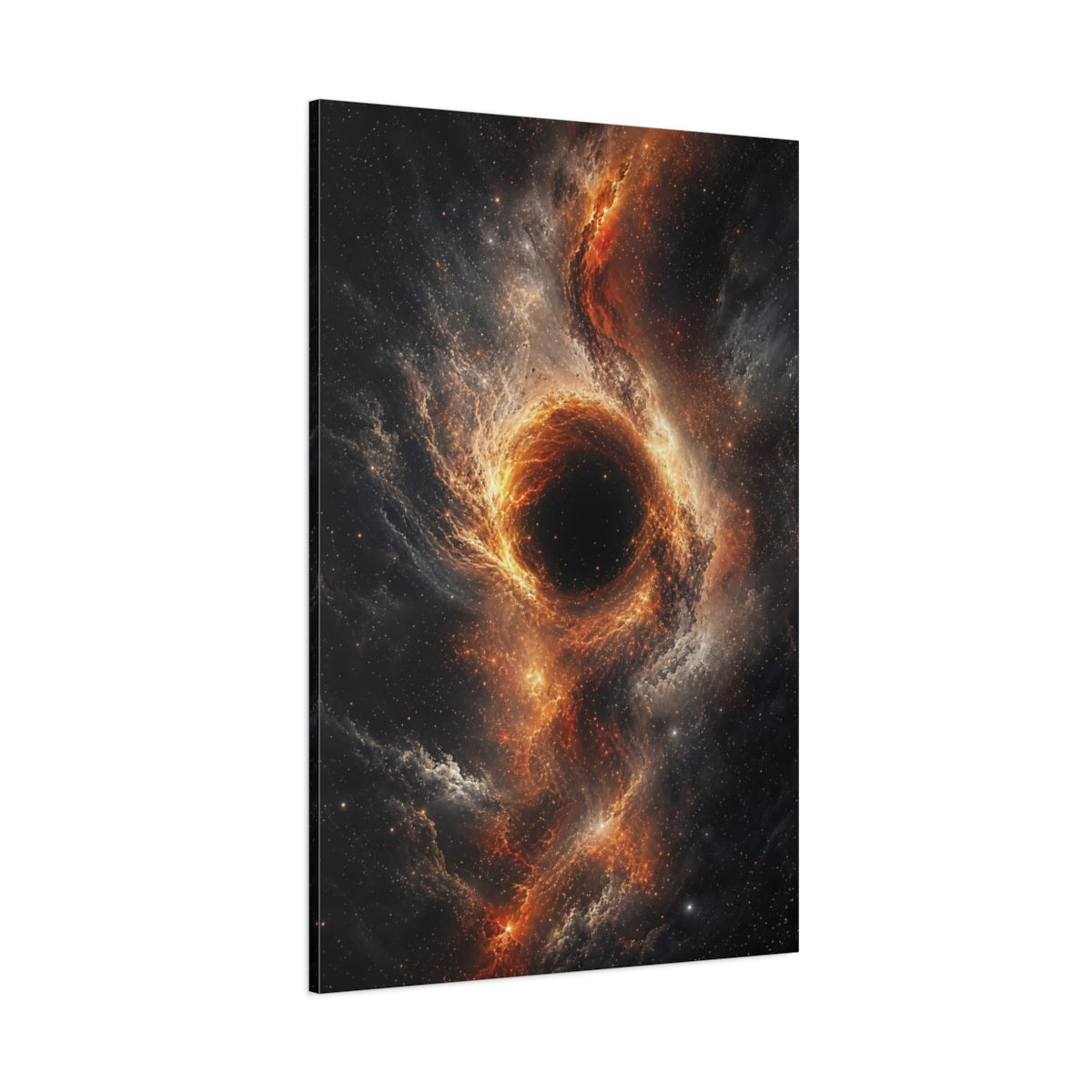 Side Mockup 1. Science Fiction Black Hole Orange And Black Nebula shown as stretched canvas wall art