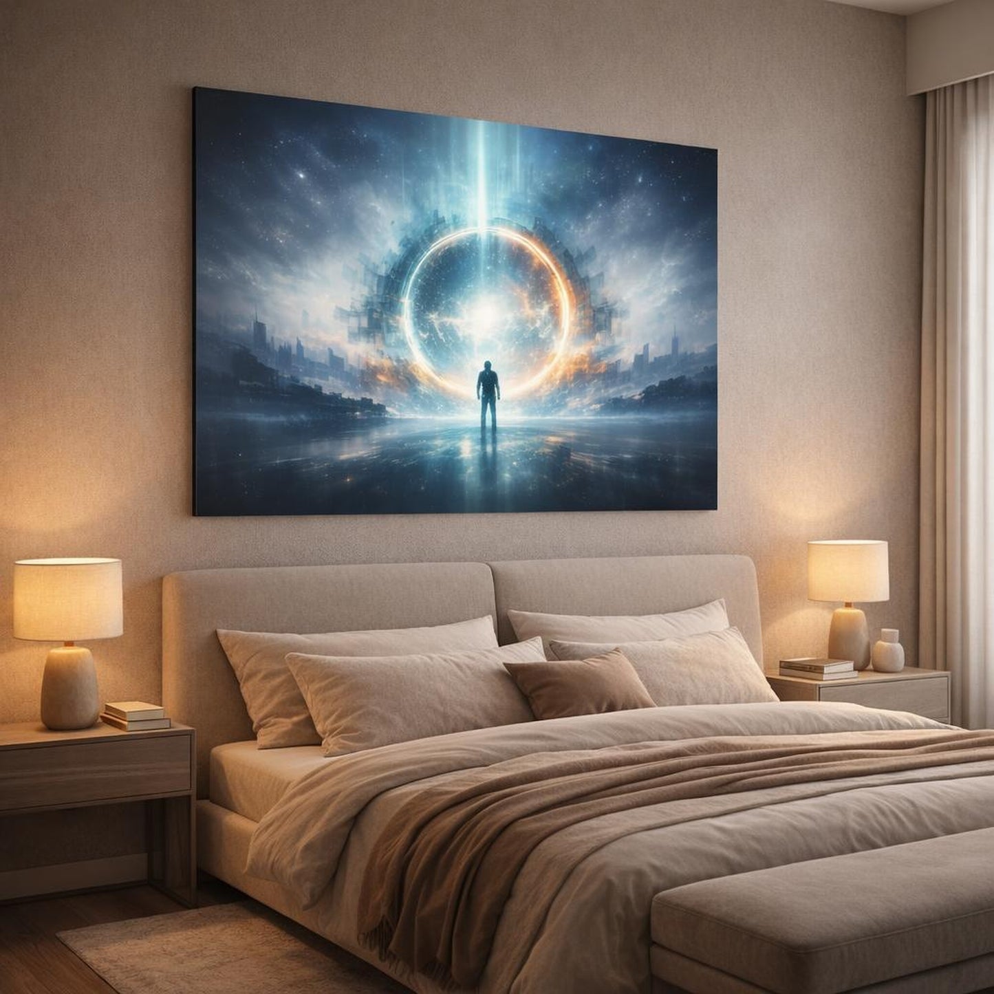 Science Fiction But First shown as canvas wall art in a luxury bedroom