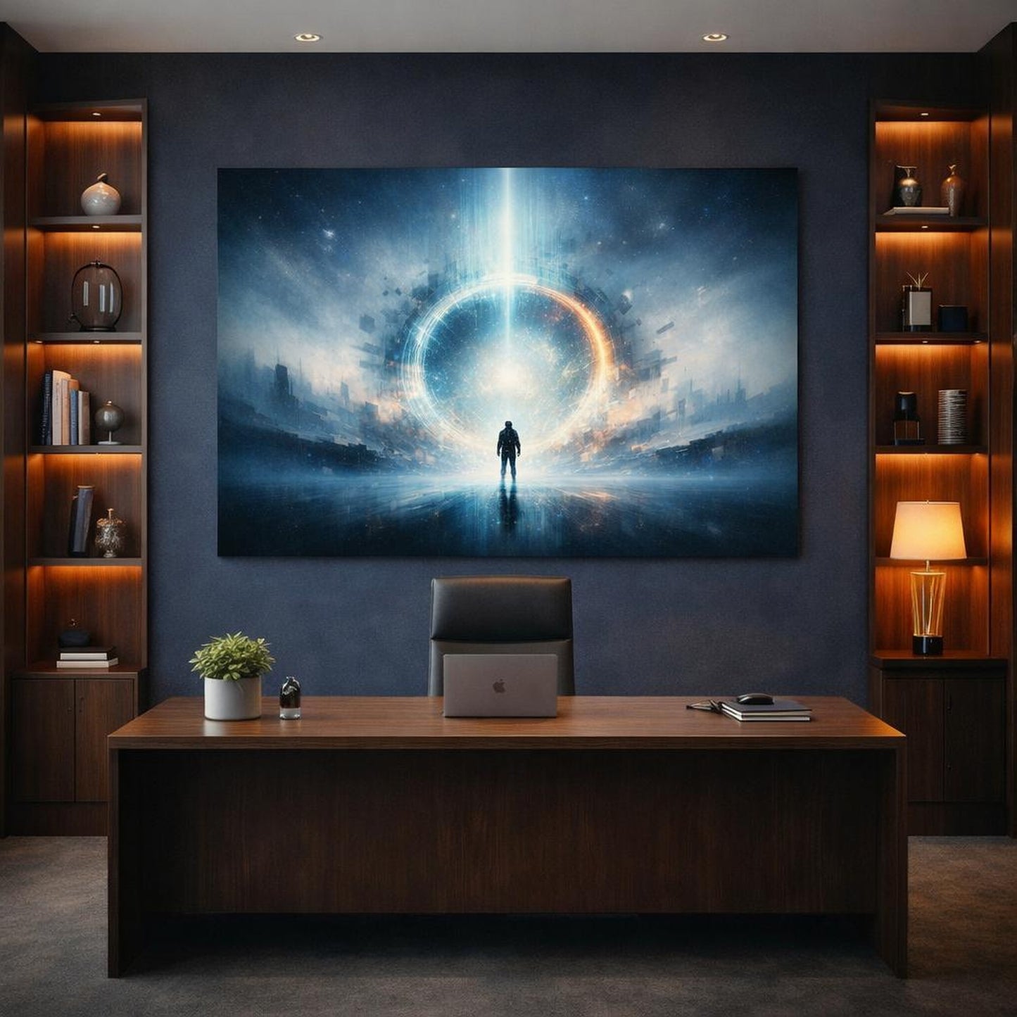 Science Fiction But First shown as canvas wall art in a luxury executive office