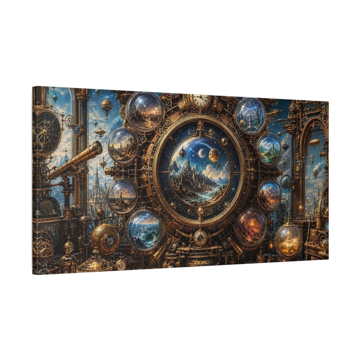 Main Mockup. Science Fiction Celestial Clock Gold And Blue shown as stretched canvas wall art