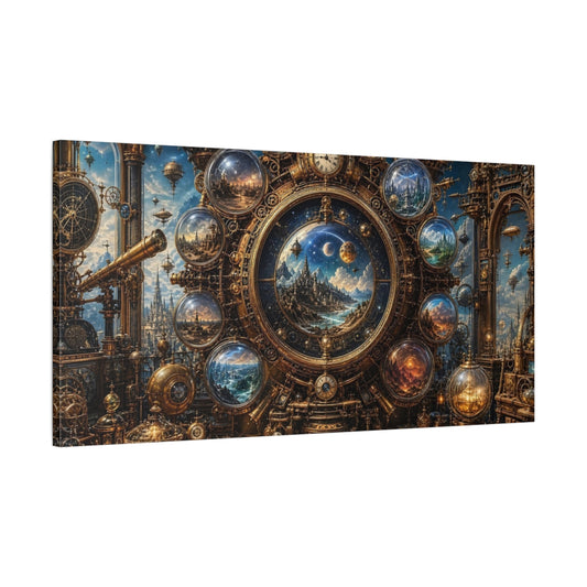 Main Mockup. Science Fiction Celestial Clock Gold And Blue shown as stretched canvas wall art
