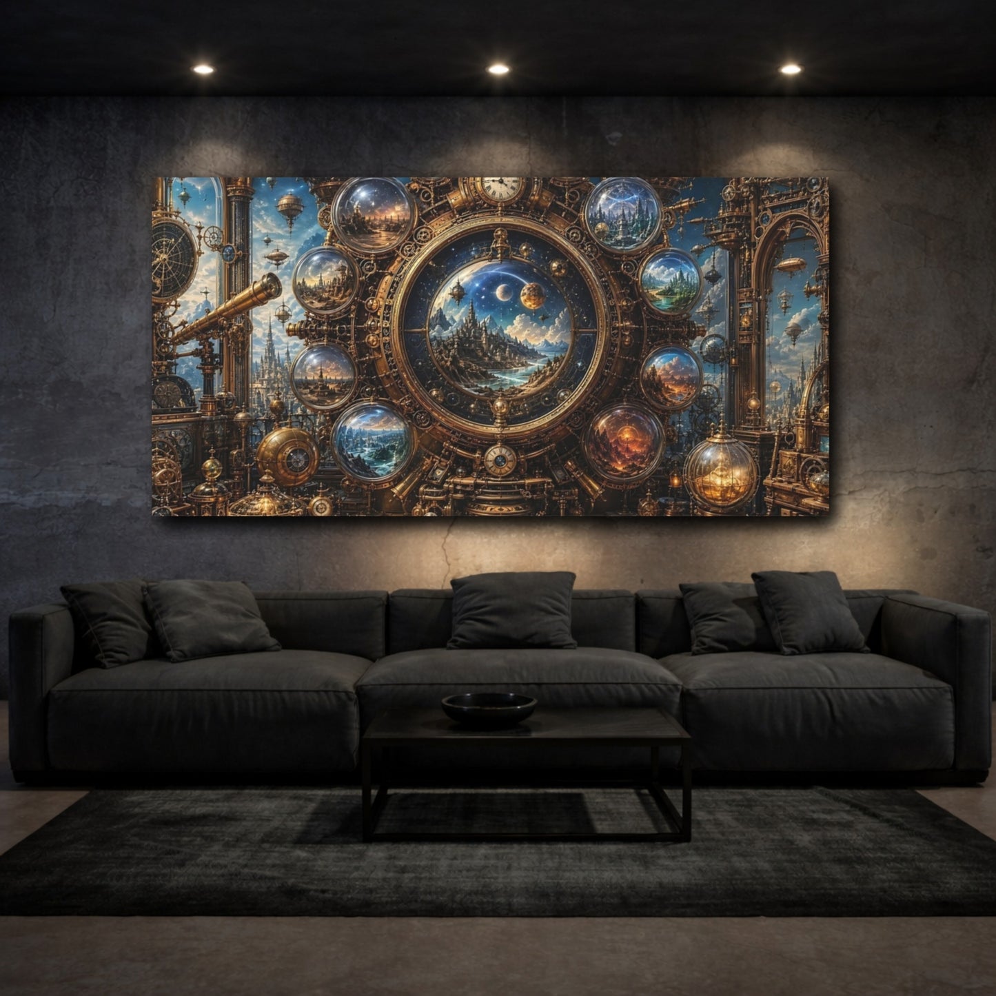 Mockup 2. Science Fiction Celestial Clock Gold And Blue shown as stretched canvas wall art