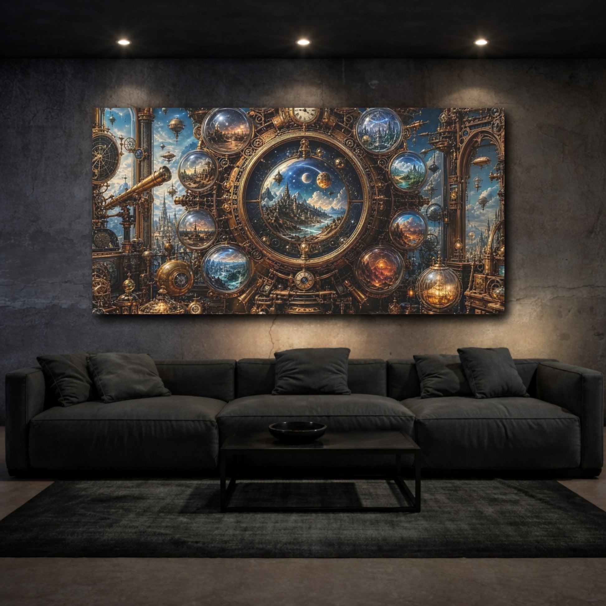 Mockup 2. Science Fiction Celestial Clock Gold And Blue shown as stretched canvas wall art