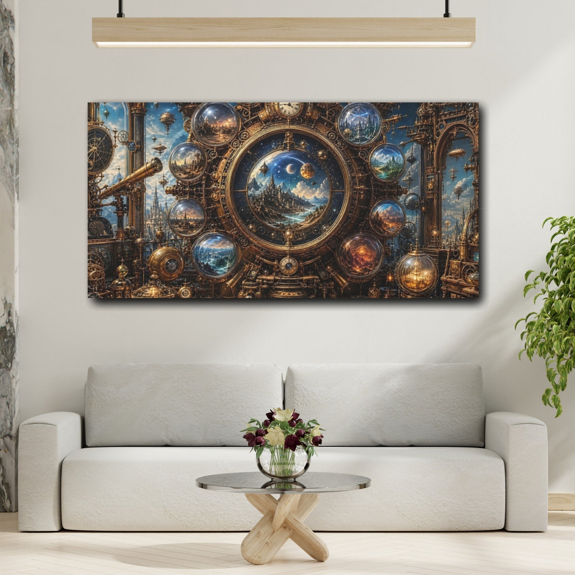 Mockup 3. Science Fiction Celestial Clock Gold And Blue shown as stretched canvas wall art