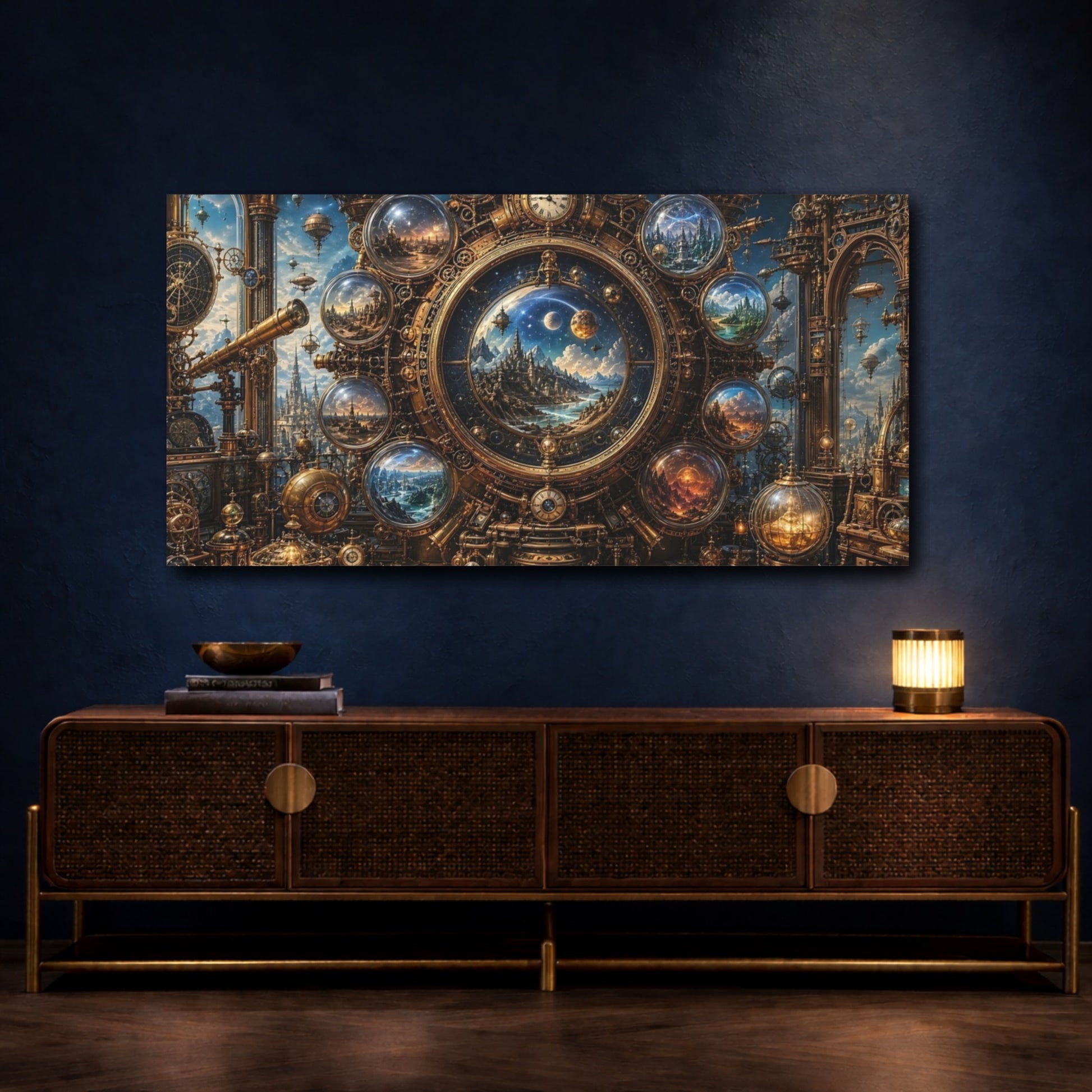 Mockup 4. Science Fiction Celestial Clock Gold And Blue shown as stretched canvas wall art