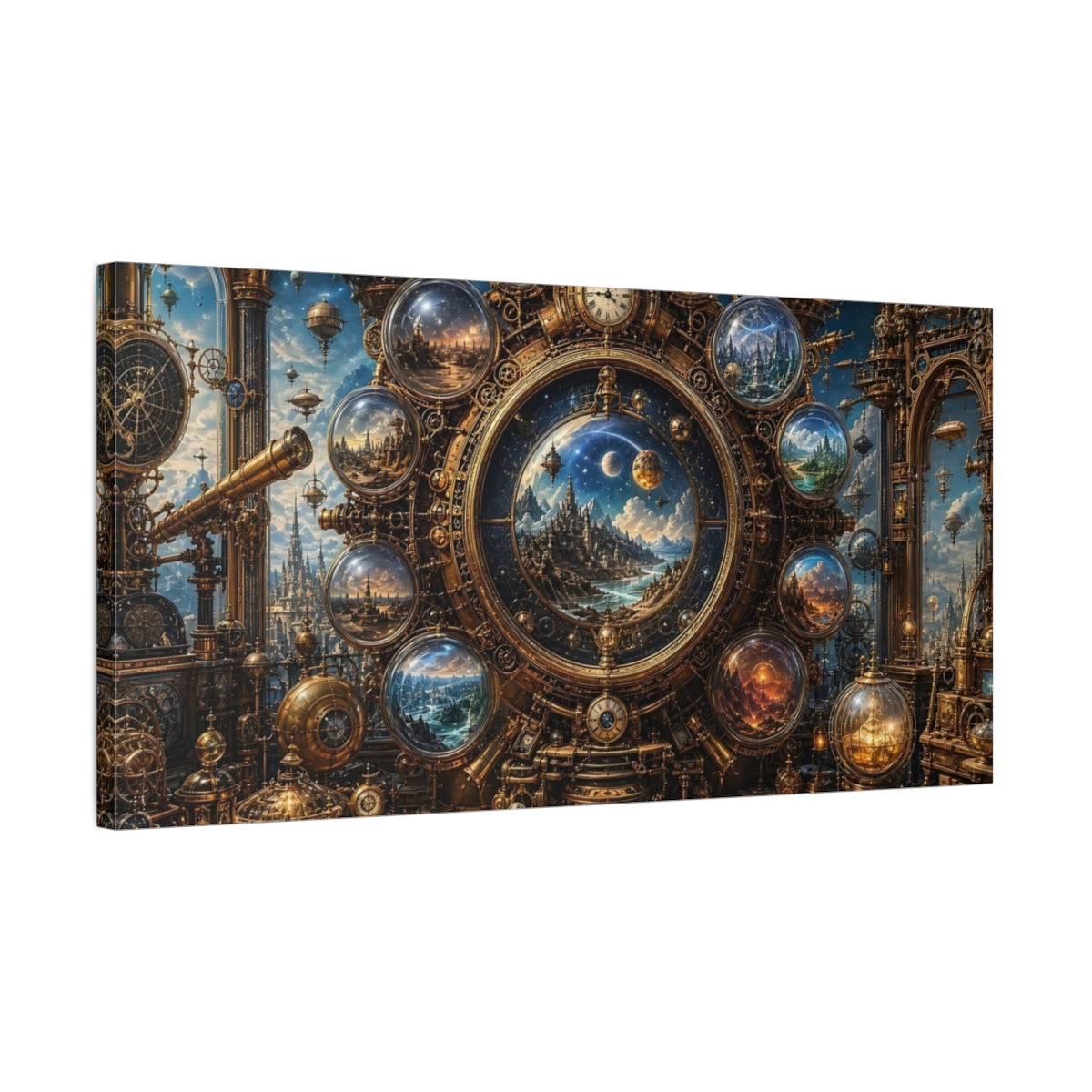 Side Mockup 1. Science Fiction Celestial Clock Gold And Blue shown as stretched canvas wall art