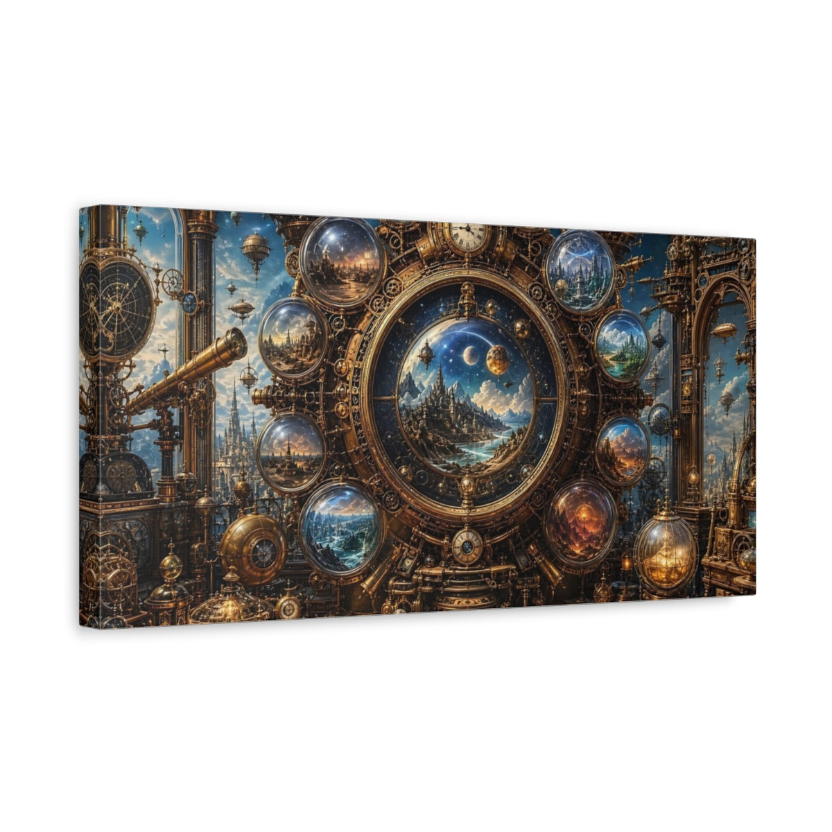 Side Mockup 3. Science Fiction Celestial Clock Gold And Blue shown as stretched canvas wall art