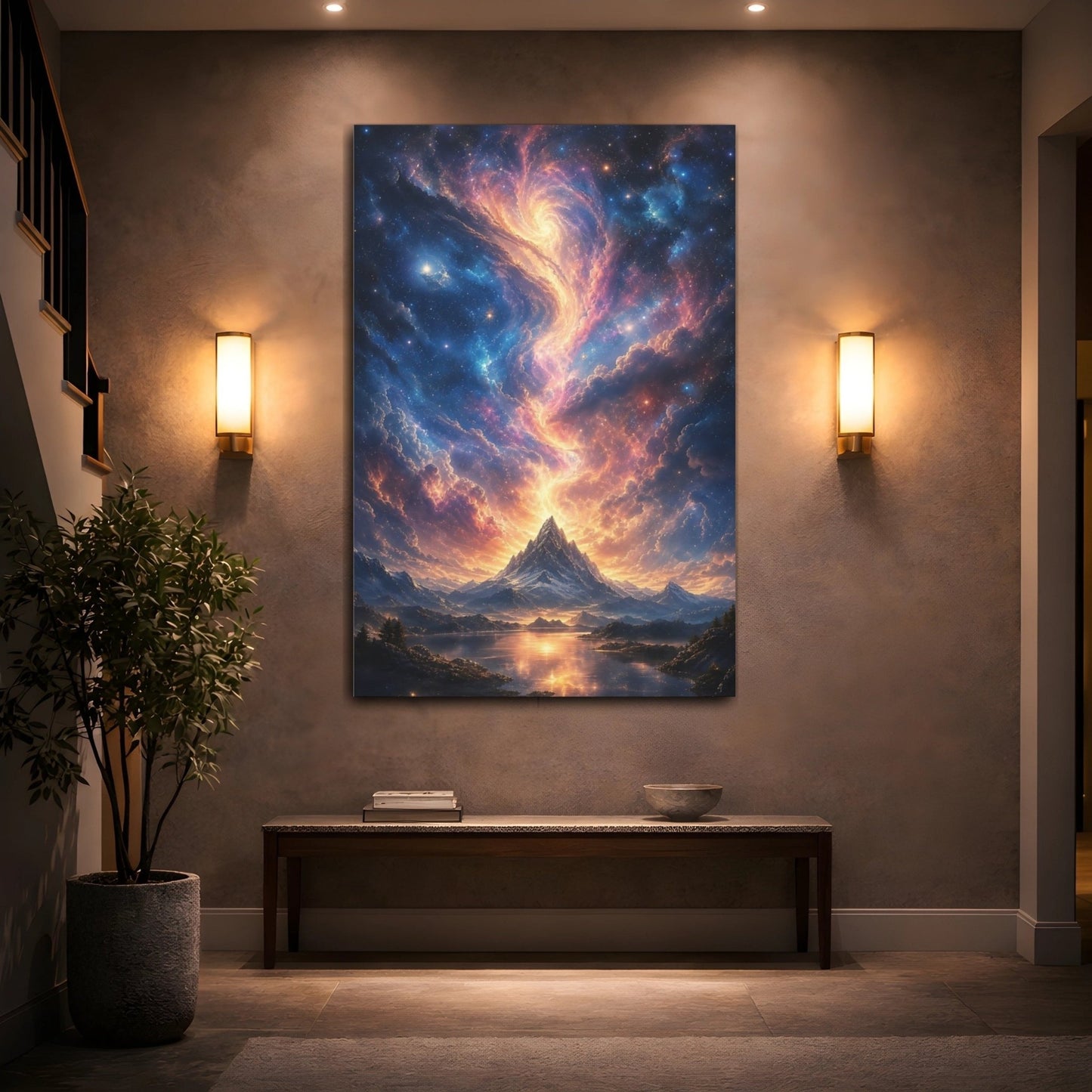 Science Fiction Celestial Mountain Orange Blue Canvas Print – Living Room, Above Couch, Multi - color - YesArtYes