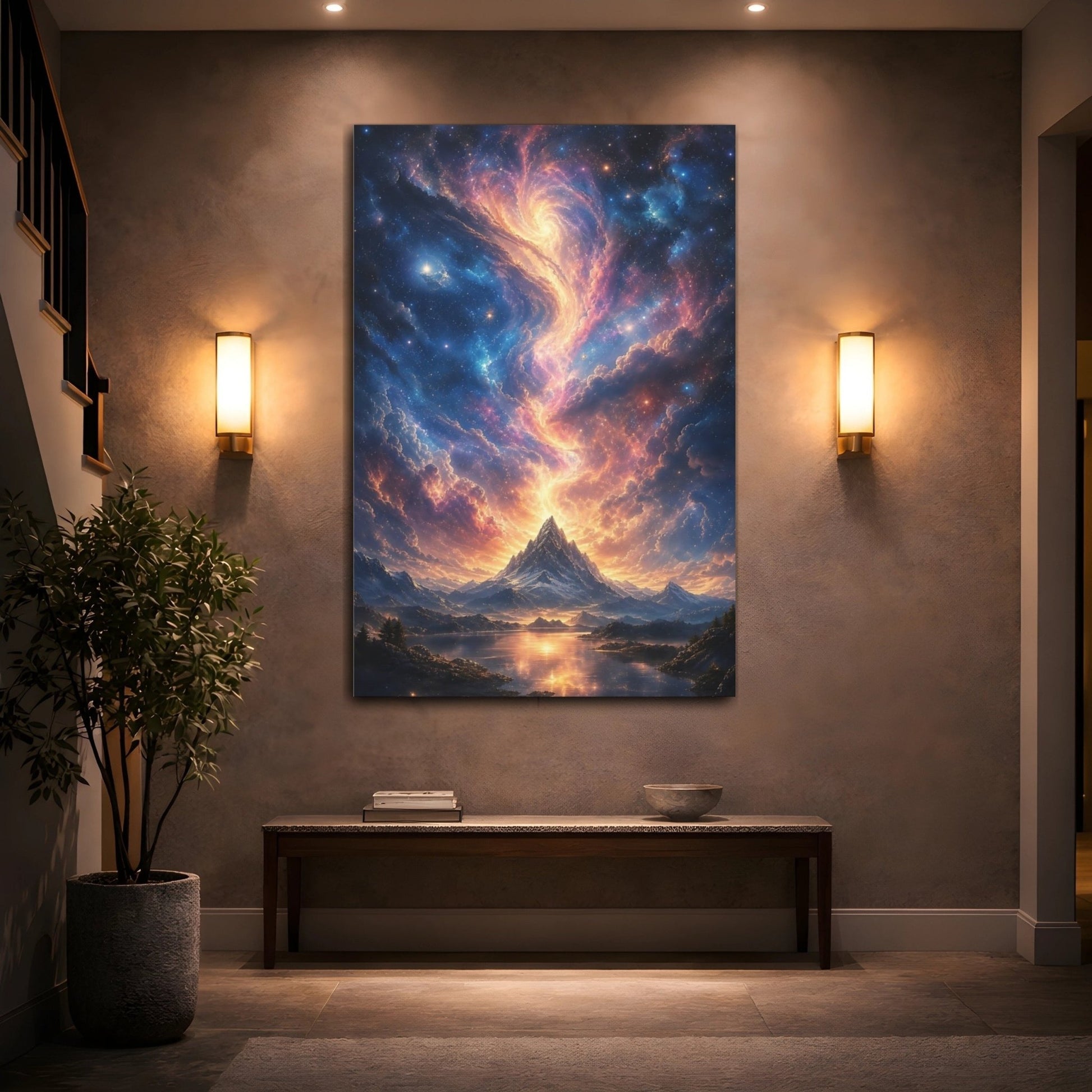 Science Fiction Celestial Mountain Orange Blue Canvas Print – Living Room, Above Couch, Multi - color - YesArtYes