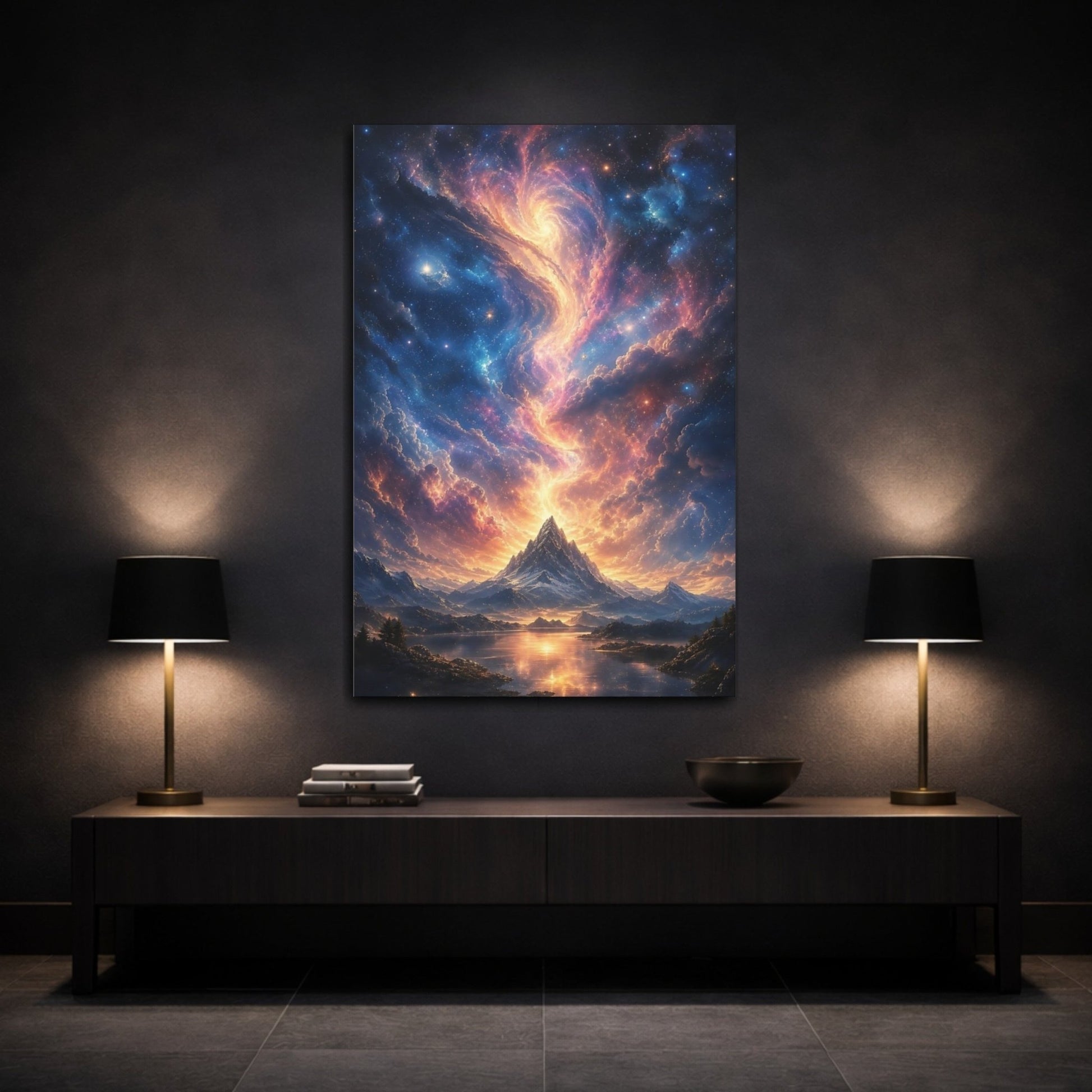 Science Fiction Celestial Mountain Orange Blue Canvas Print – Living Room, Above Couch, Multi - color - YesArtYes