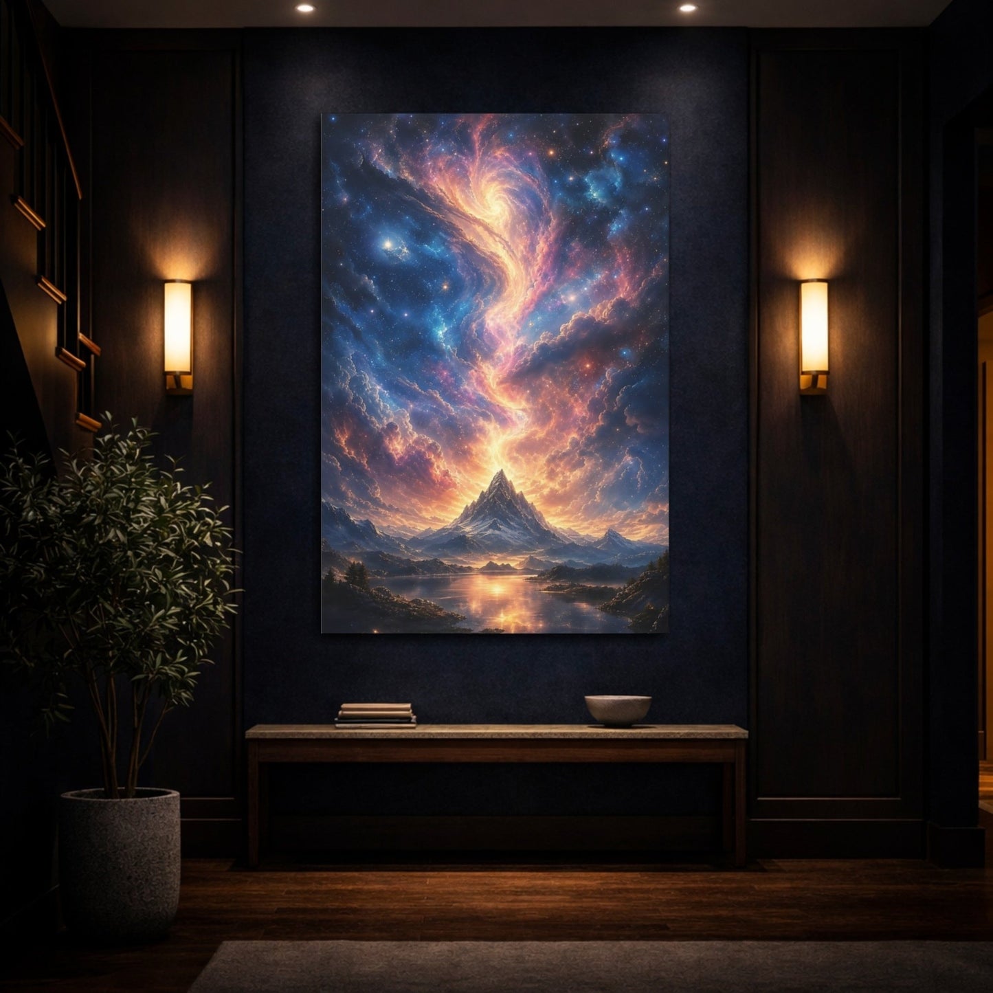Science Fiction Celestial Mountain Orange Blue Canvas Print – Living Room, Above Couch, Multi - color - YesArtYes