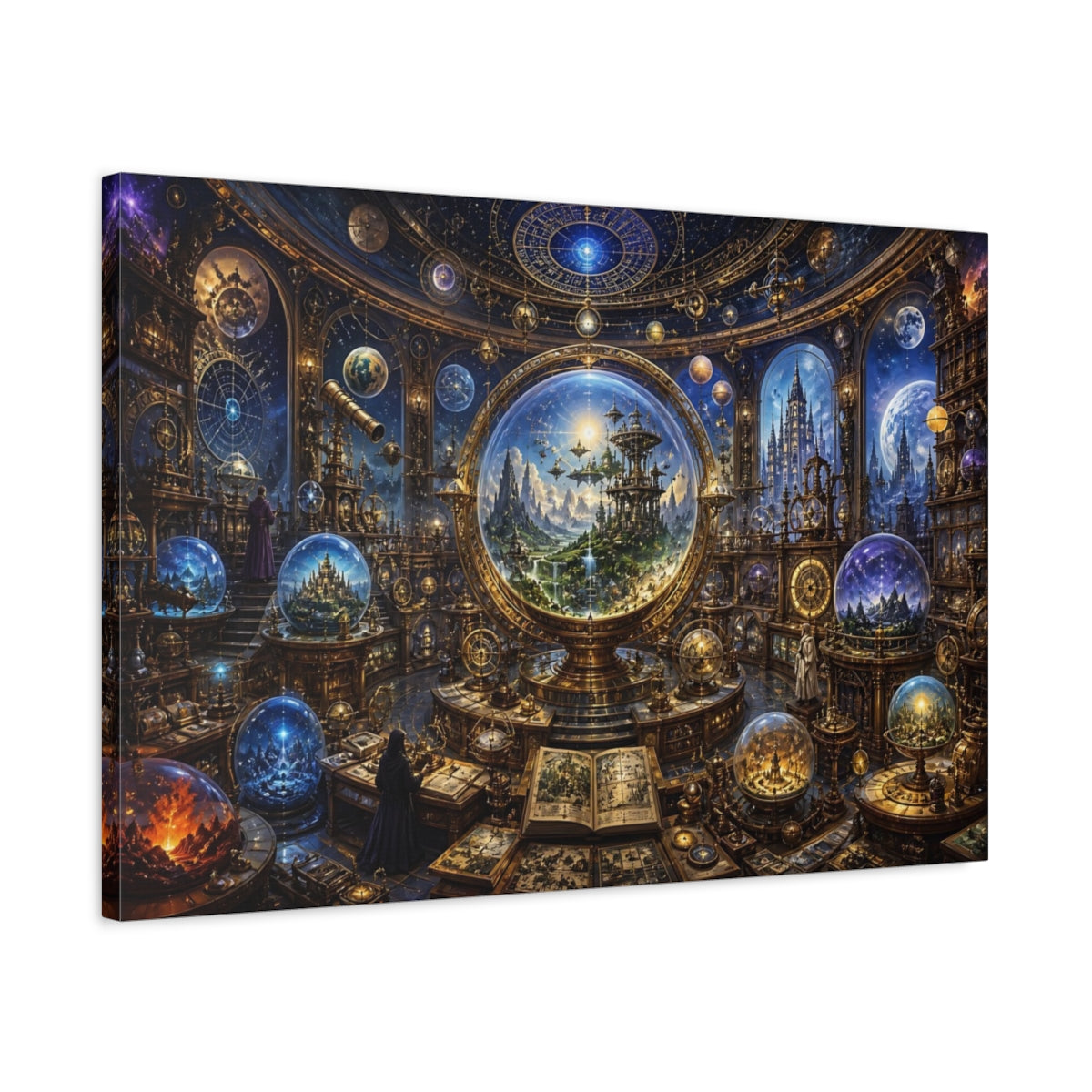 Side Mockup 2. Science Fiction Celestial Observatory Blue And Gold shown as stretched canvas wall art