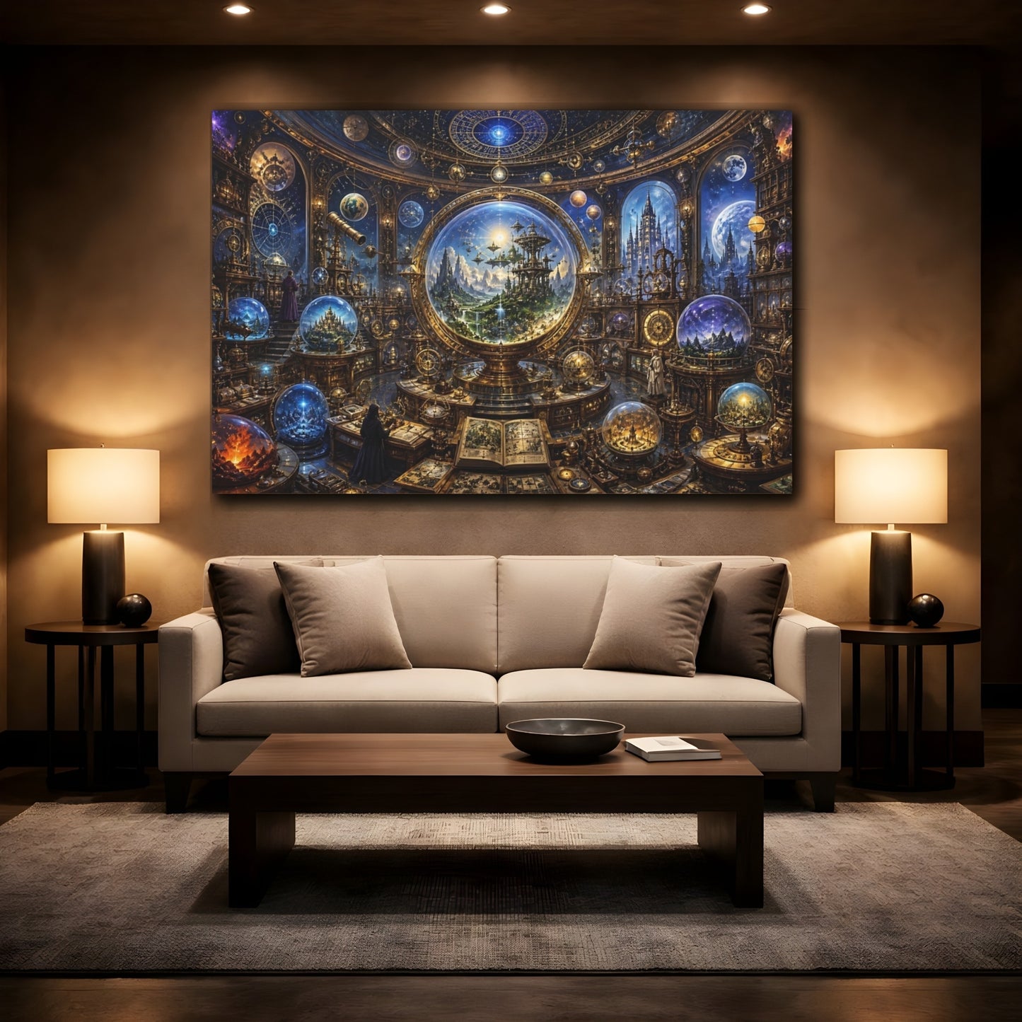 Mockup 2. Science Fiction Celestial Observatory Blue And Gold shown as stretched canvas wall art