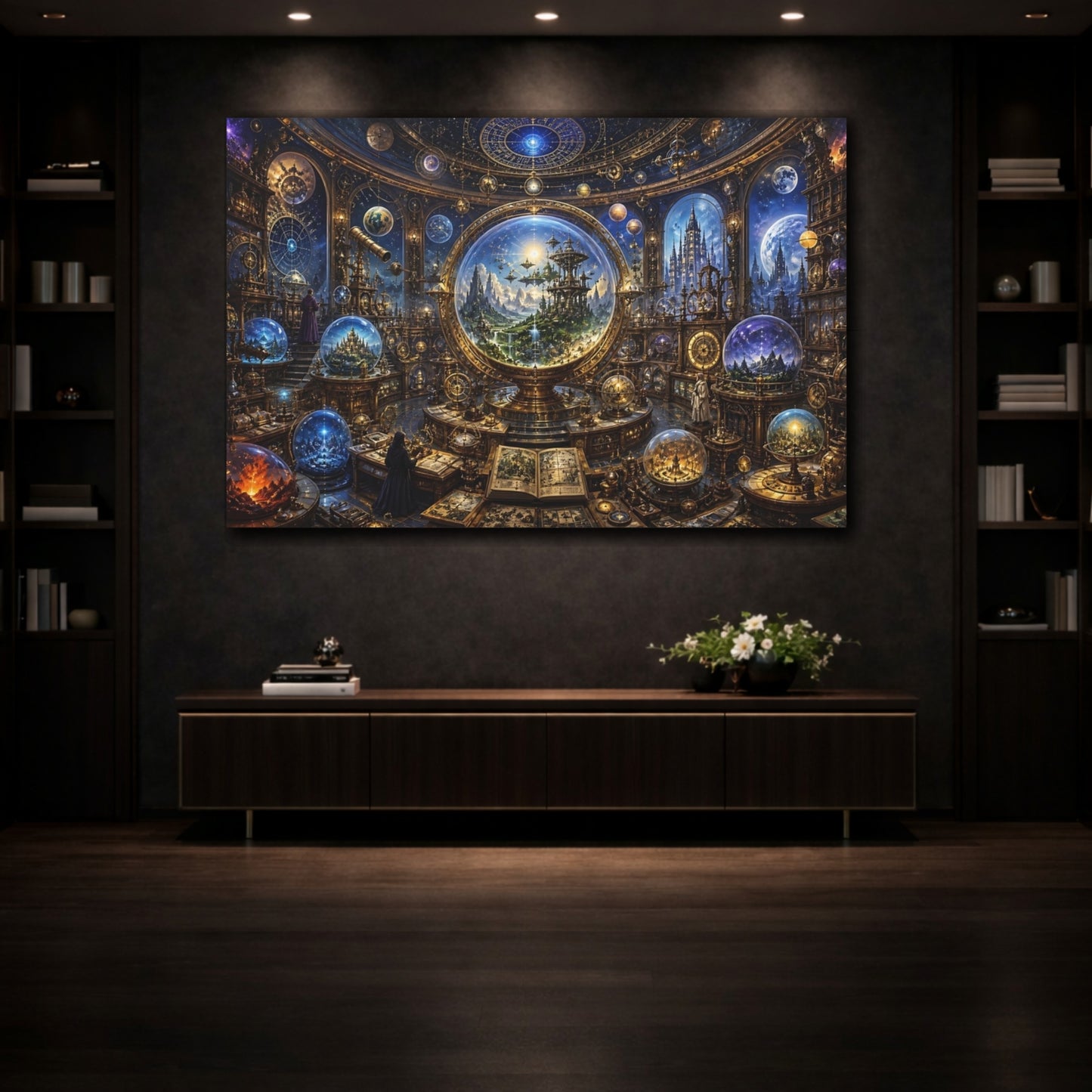 Mockup 3. Science Fiction Celestial Observatory Blue And Gold shown as stretched canvas wall art