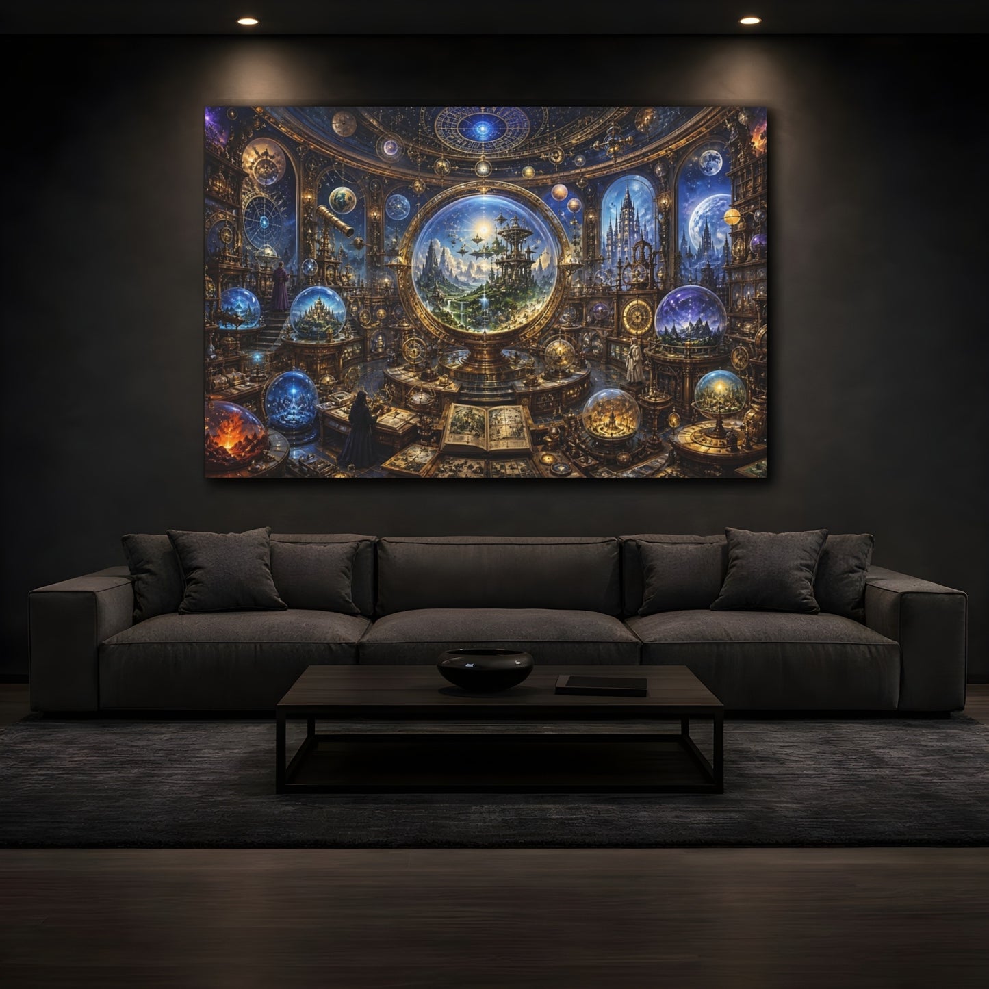 Mockup 4. Science Fiction Celestial Observatory Blue And Gold shown as stretched canvas wall art