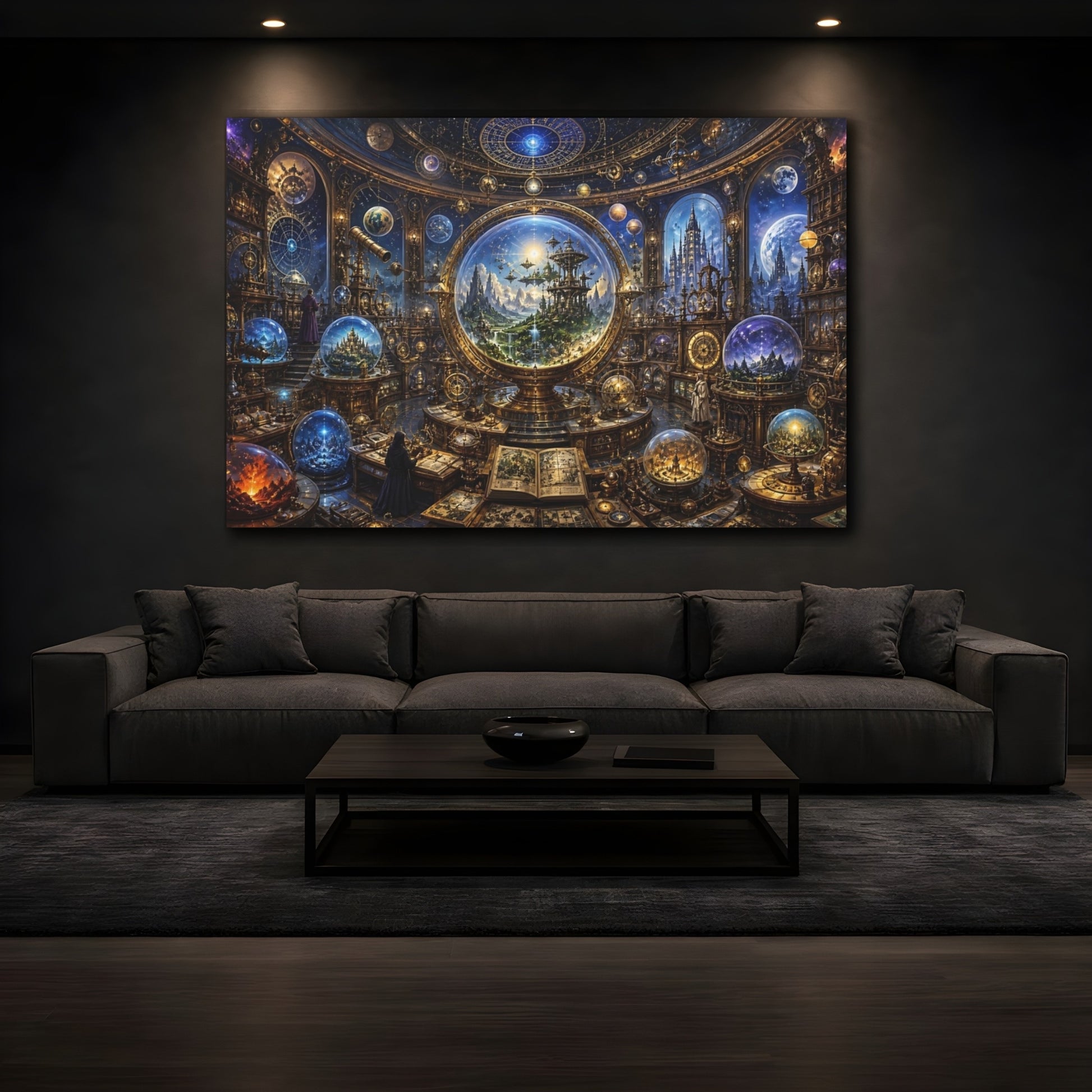 Mockup 4. Science Fiction Celestial Observatory Blue And Gold shown as stretched canvas wall art