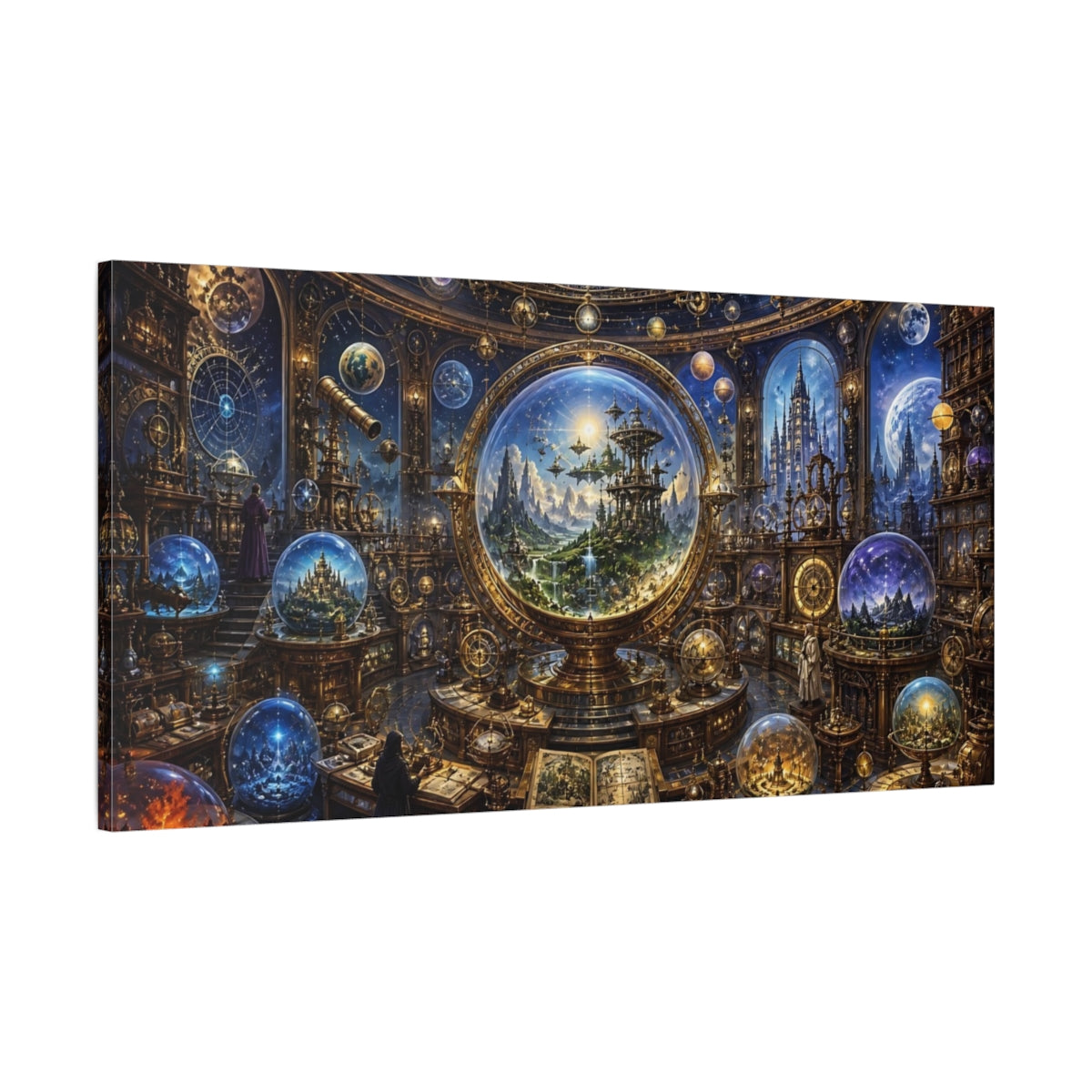 Main Mockup. Science Fiction Celestial Observatory Blue Gold Observatory shown as stretched canvas wall art