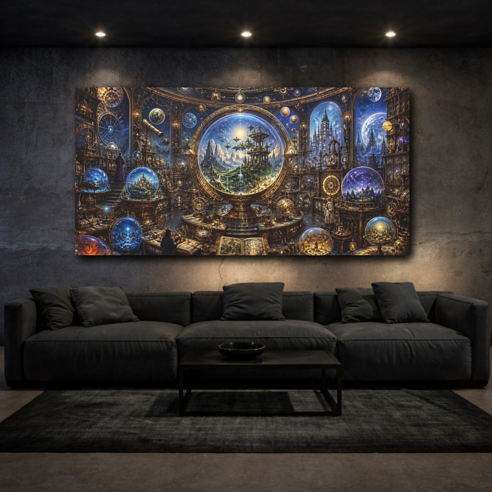 Mockup 2. Science Fiction Celestial Observatory Blue Gold Observatory shown as stretched canvas wall art