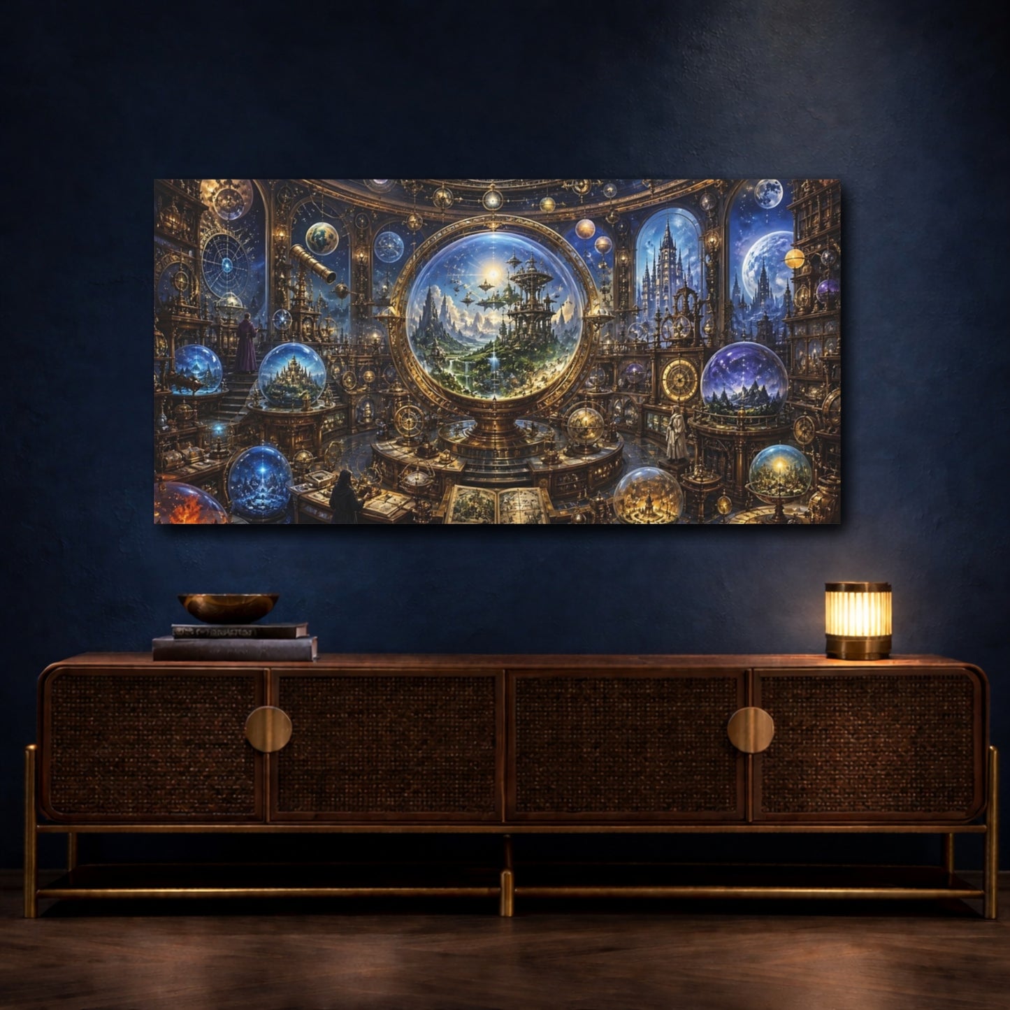 Mockup 3. Science Fiction Celestial Observatory Blue Gold Observatory shown as stretched canvas wall art