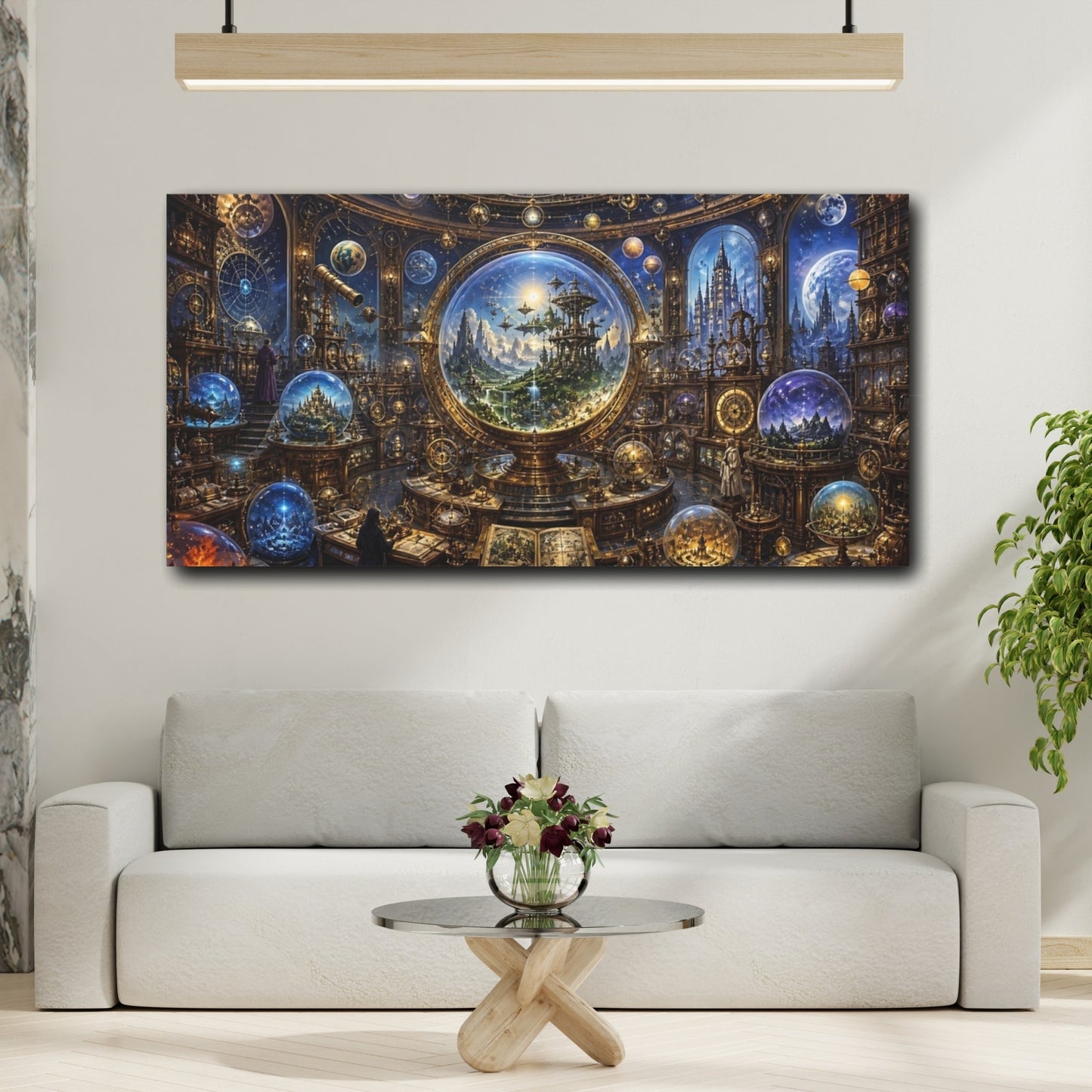 Mockup 4. Science Fiction Celestial Observatory Blue Gold Observatory shown as stretched canvas wall art
