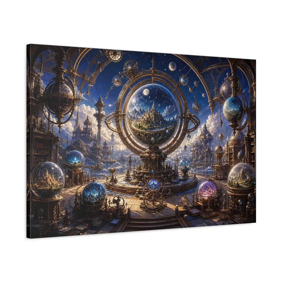 Main Mockup. Science Fiction Celestial Observatory Gold And Blue shown as stretched canvas wall art