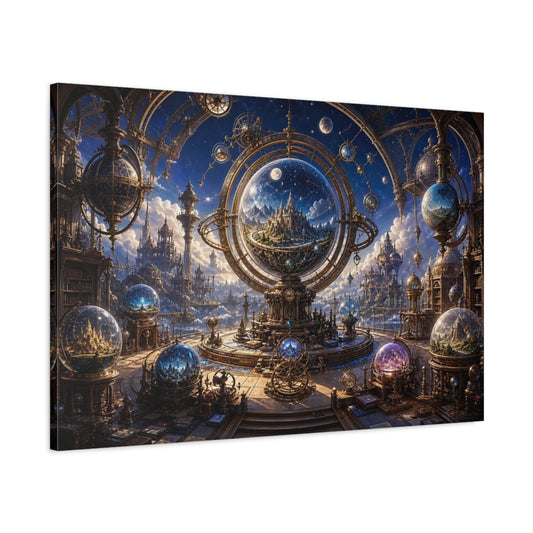 Main Mockup. Science Fiction Celestial Observatory Gold And Blue shown as stretched canvas wall art