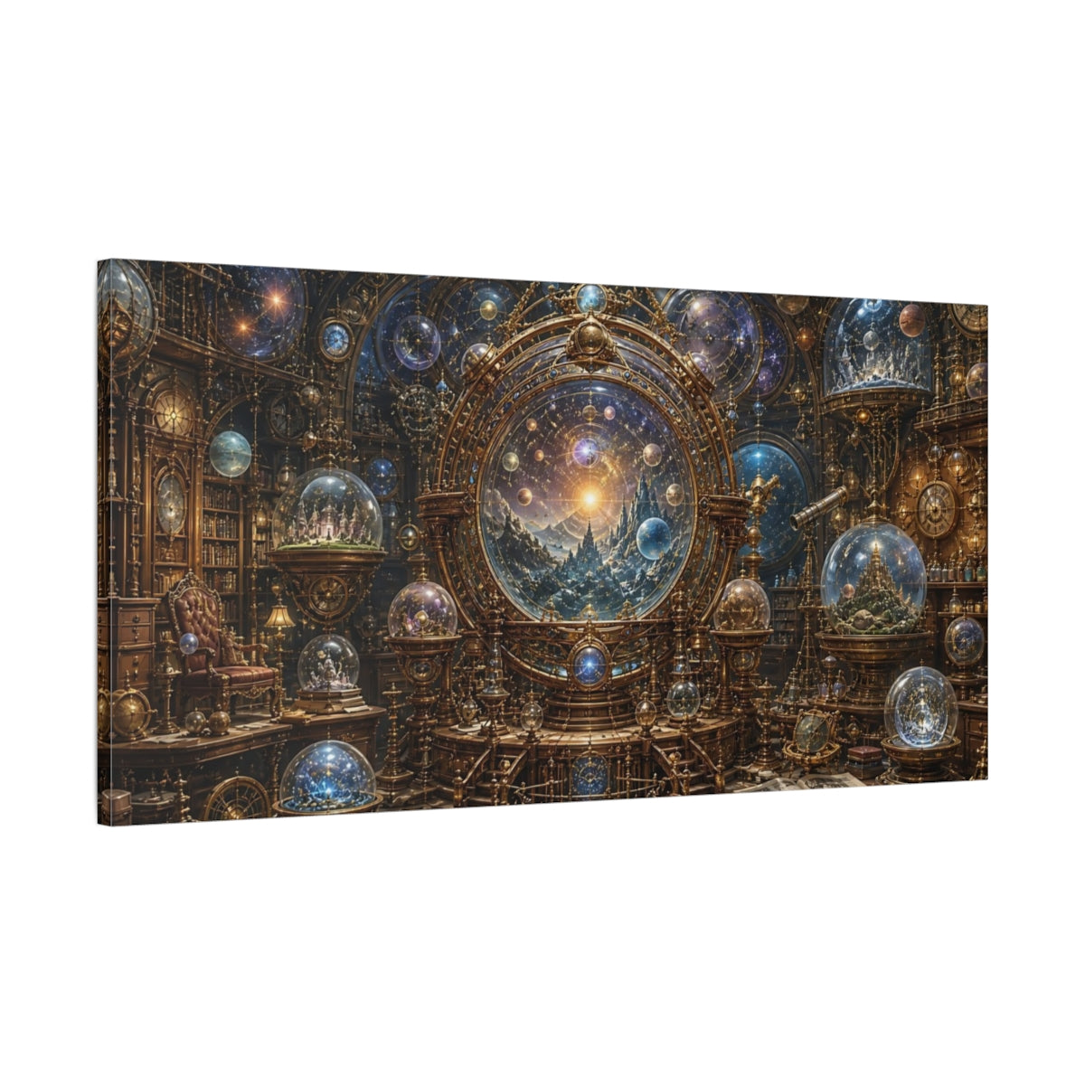 Main Mockup. Science Fiction Celestial Observatory Gold And Blue Cosmos shown as stretched canvas wall art