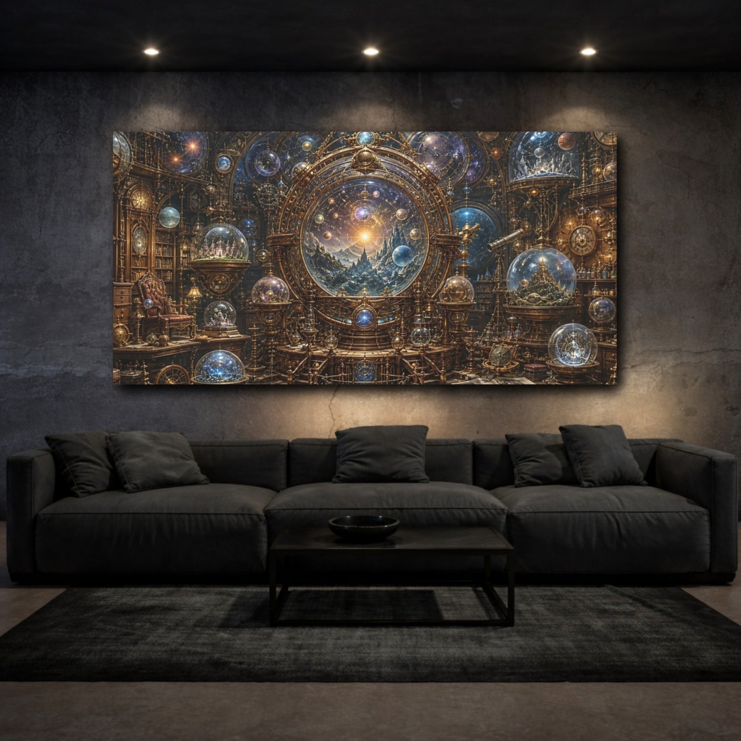 Mockup 2. Science Fiction Celestial Observatory Gold And Blue Cosmos shown as stretched canvas wall art