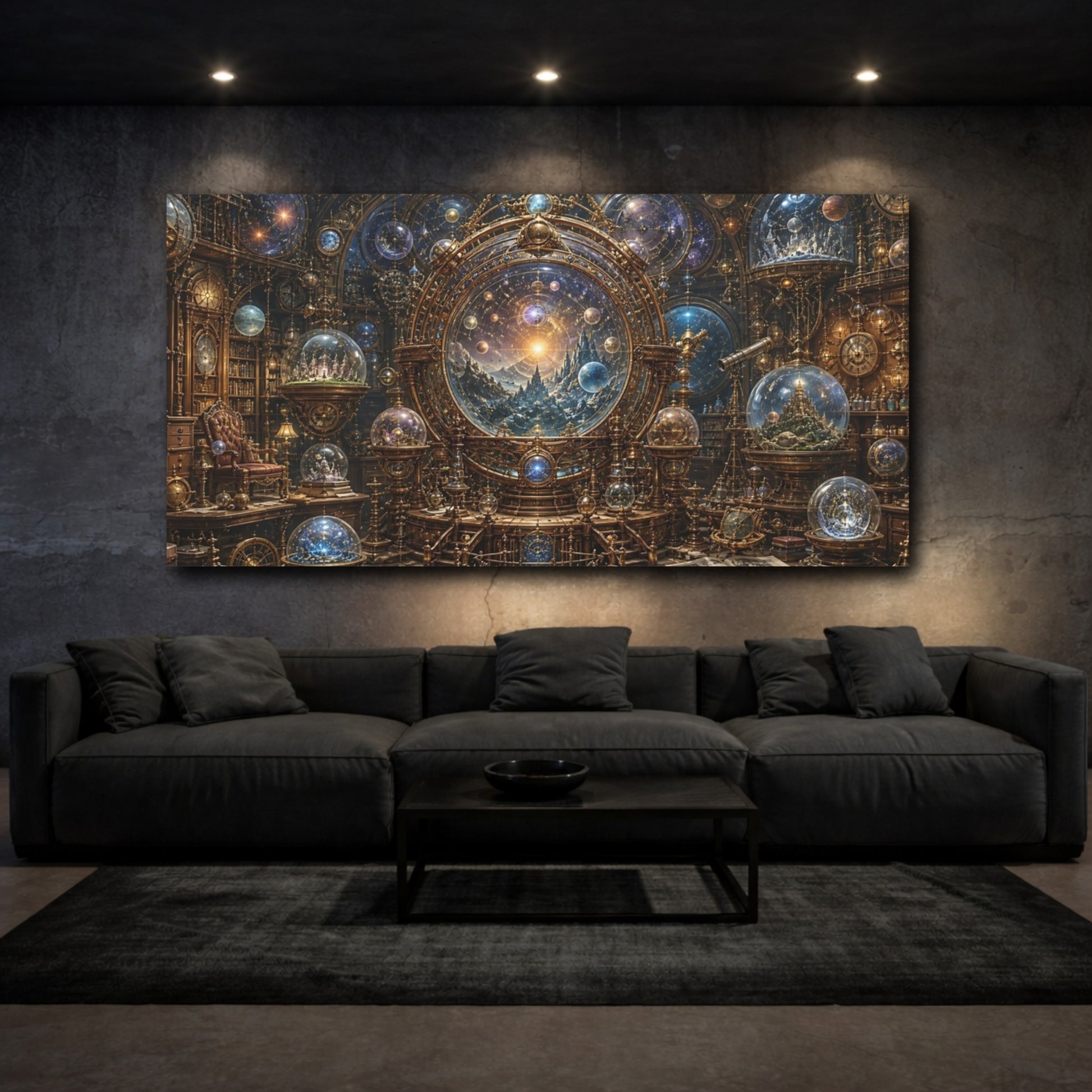 Mockup 2. Science Fiction Celestial Observatory Gold And Blue Cosmos shown as stretched canvas wall art
