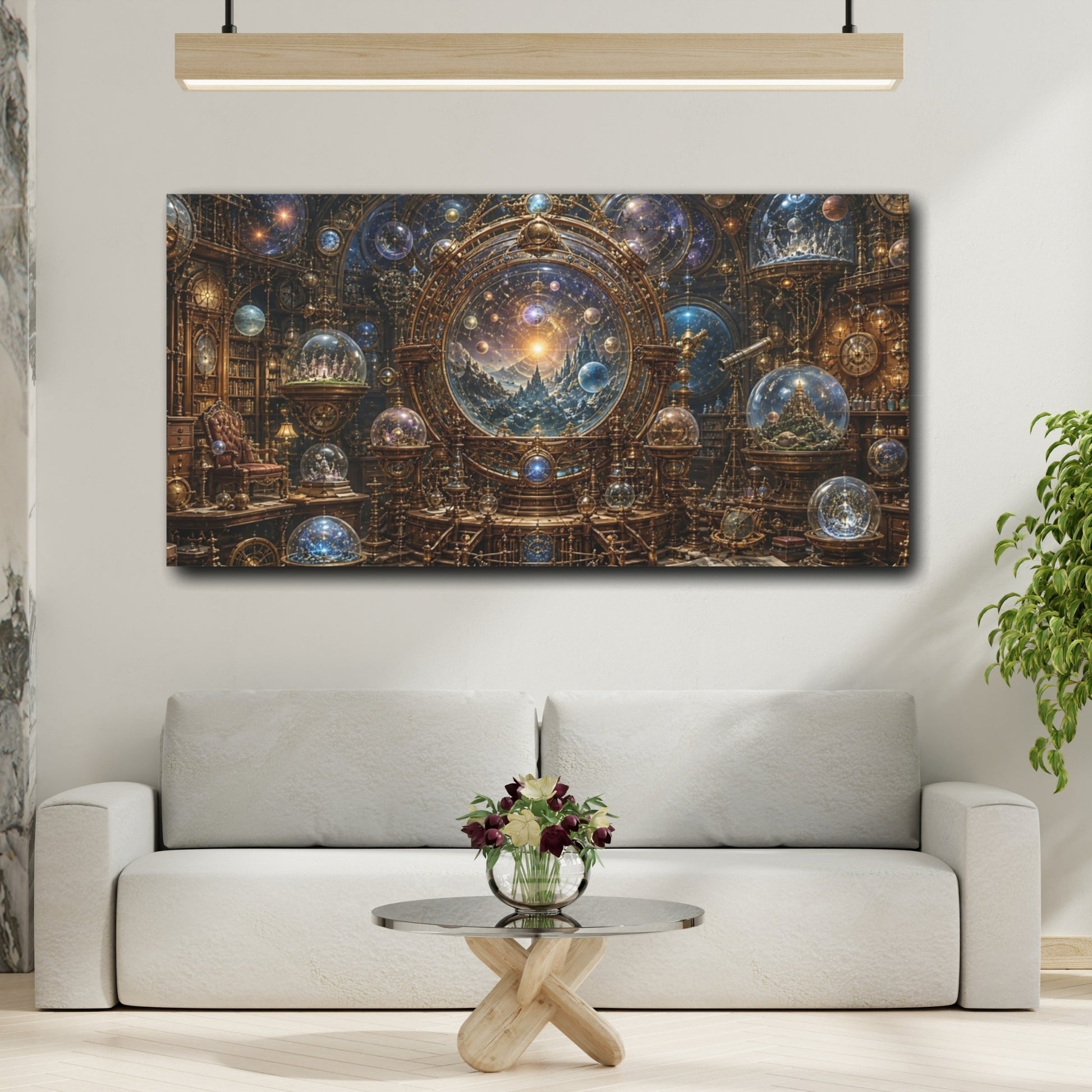 Mockup 3. Science Fiction Celestial Observatory Gold And Blue Cosmos shown as stretched canvas wall art