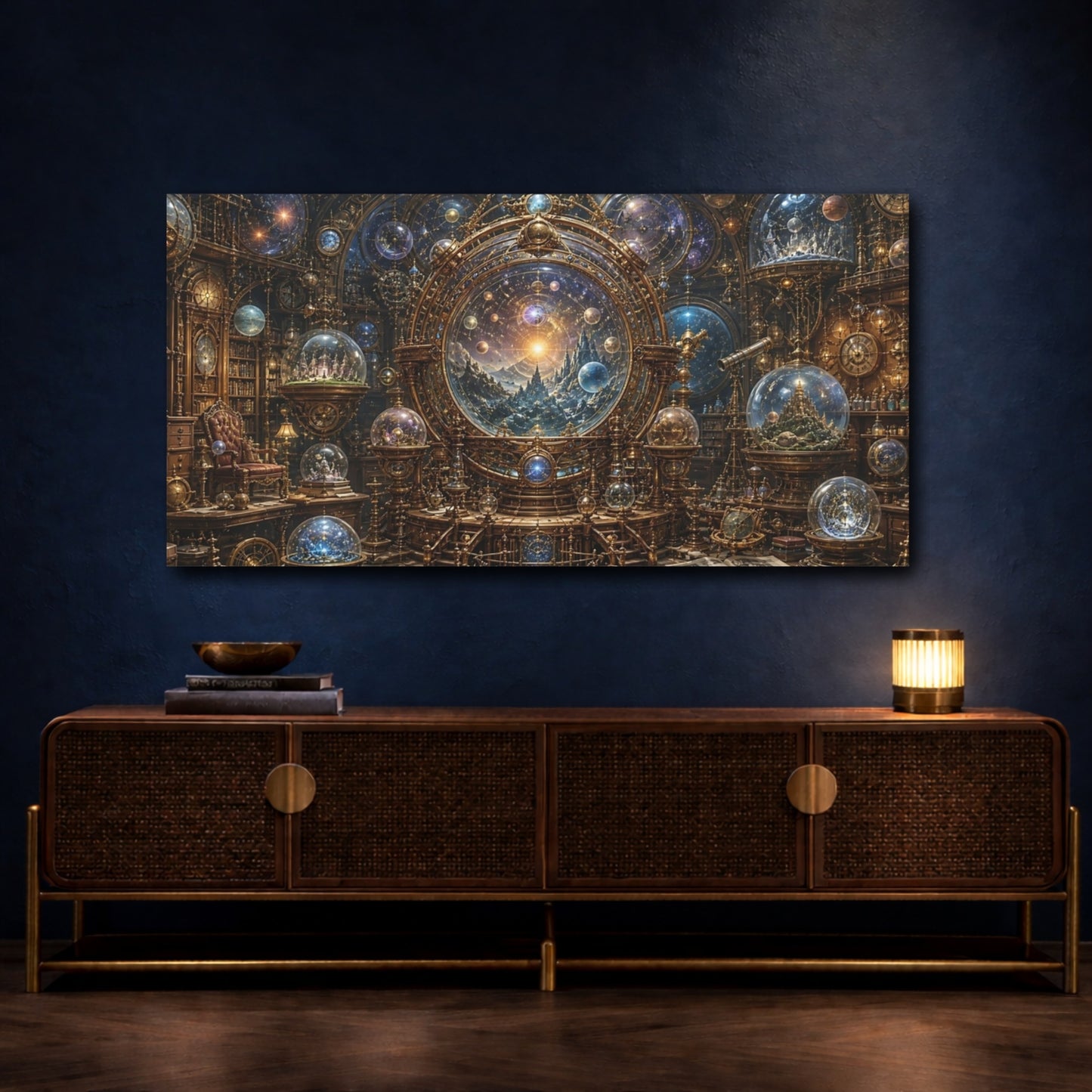 Mockup 4. Science Fiction Celestial Observatory Gold And Blue Cosmos shown as stretched canvas wall art