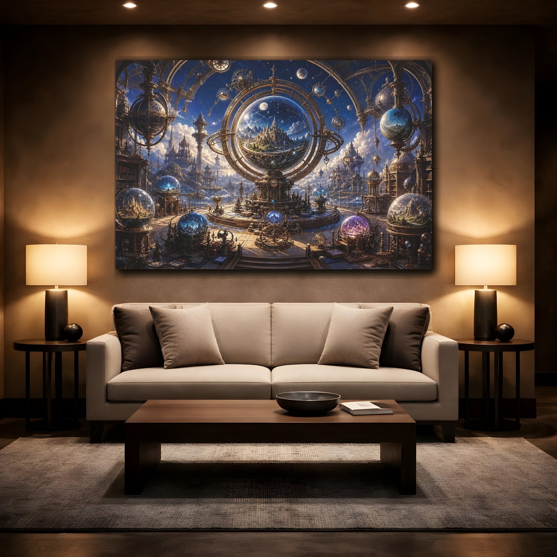 Mockup 2. Science Fiction Celestial Observatory Gold And Blue shown as stretched canvas wall art
