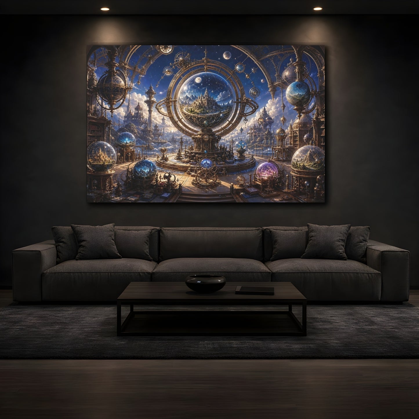 Mockup 3. Science Fiction Celestial Observatory Gold And Blue shown as stretched canvas wall art