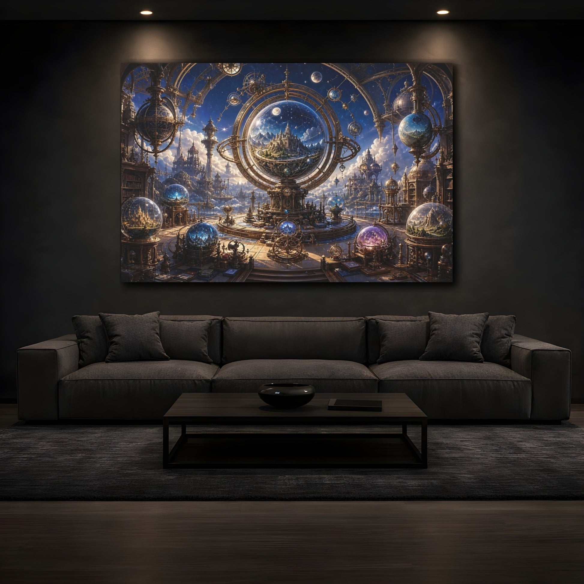 Mockup 3. Science Fiction Celestial Observatory Gold And Blue shown as stretched canvas wall art