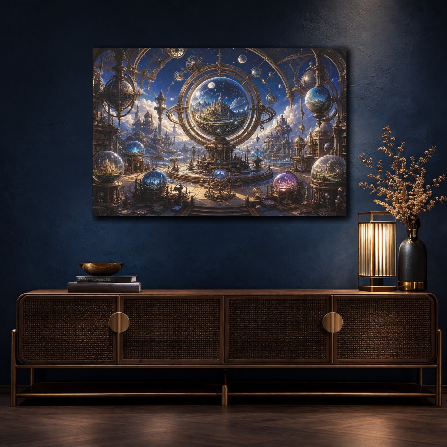 Mockup 4. Science Fiction Celestial Observatory Gold And Blue shown as stretched canvas wall art