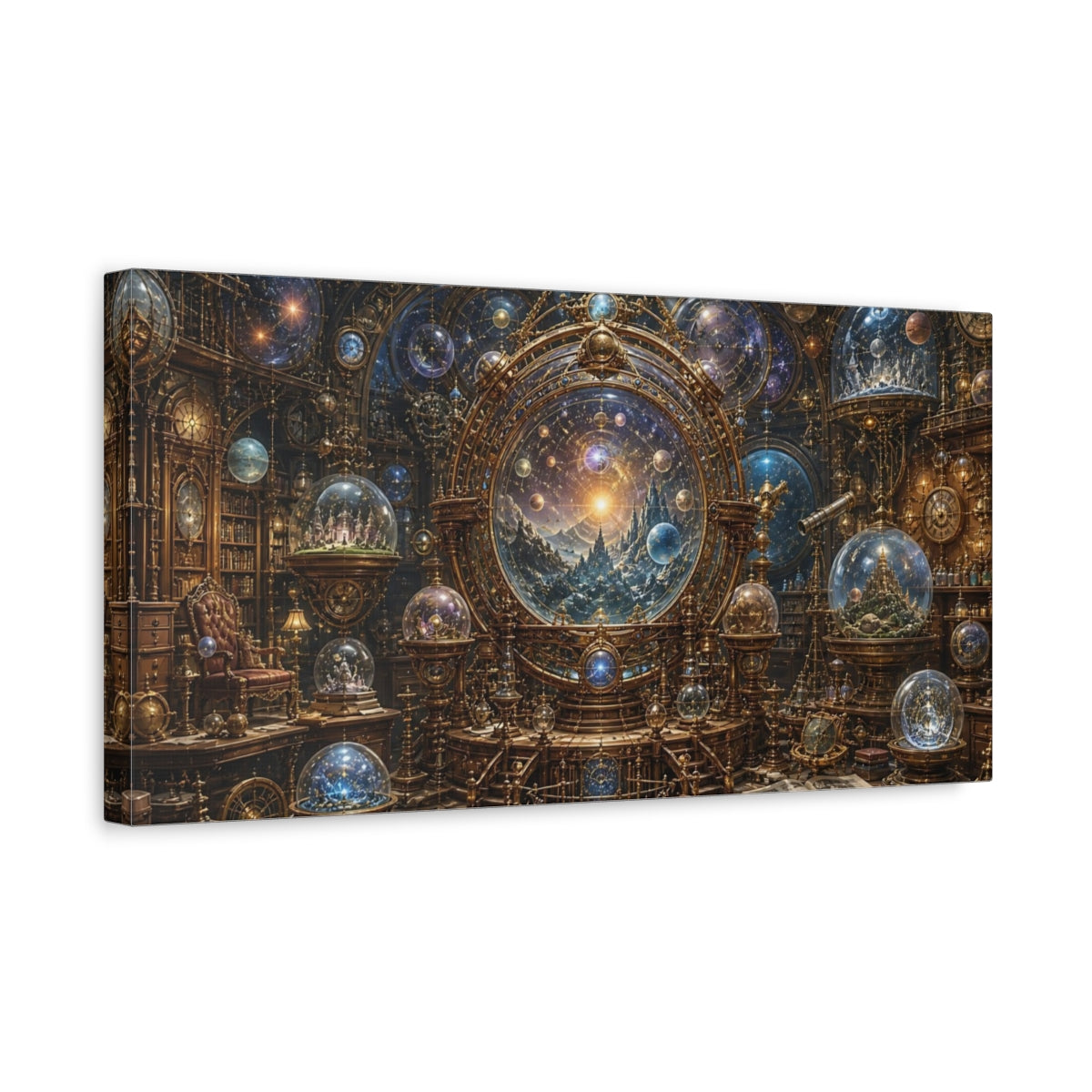 Side Mockup 3. Science Fiction Celestial Observatory Gold And Blue Cosmos shown as stretched canvas wall art