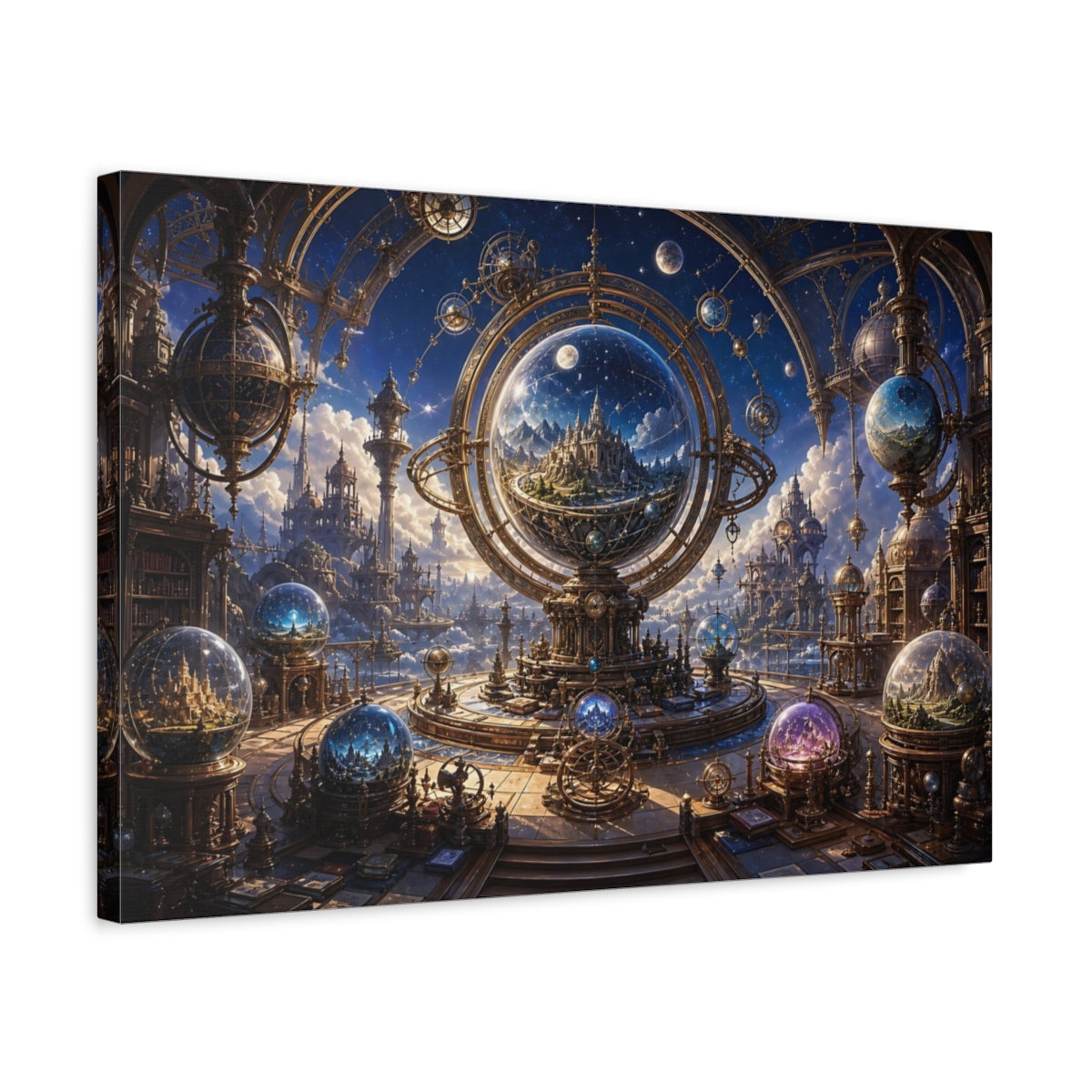 Side Mockup 3. Science Fiction Celestial Observatory Gold And Blue shown as stretched canvas wall art