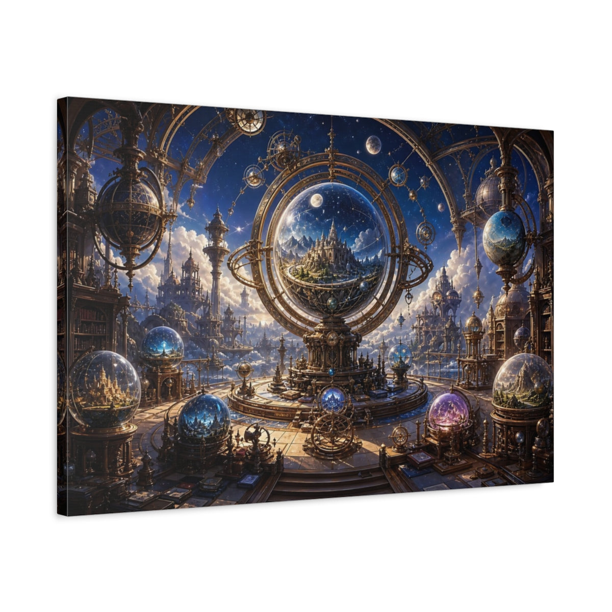 Side Mockup 2. Science Fiction Celestial Observatory Gold And Blue shown as stretched canvas wall art