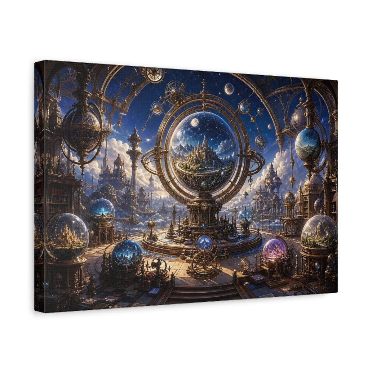 Side Mockup 4. Science Fiction Celestial Observatory Gold And Blue shown as stretched canvas wall art