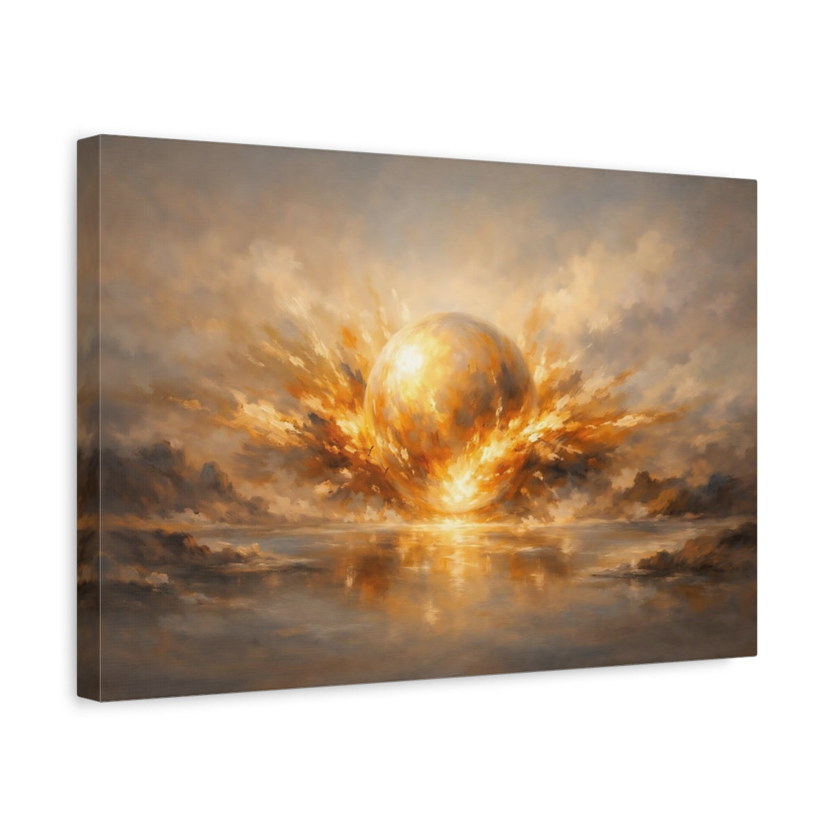 Side Mockup 4. Science Fiction Celestial Orb Gold And Gray shown as stretched canvas wall art