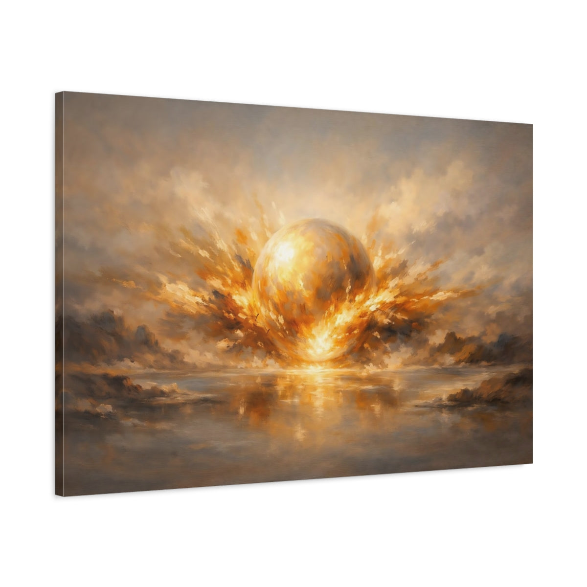 Side Mockup 1. Science Fiction Celestial Orb Gold And Gray shown as stretched canvas wall art