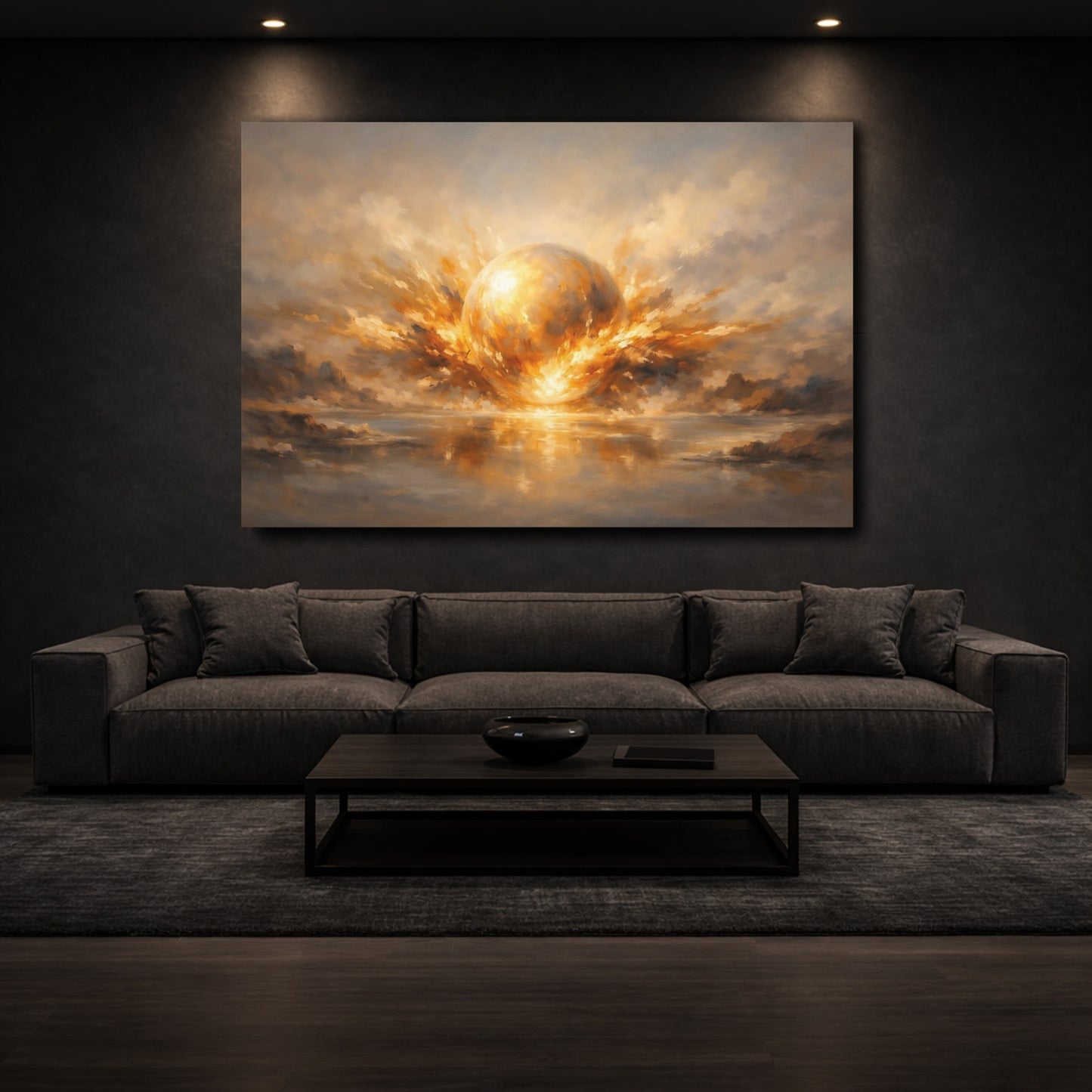 Mockup 2. Science Fiction Celestial Orb Gold And Gray shown as stretched canvas wall art