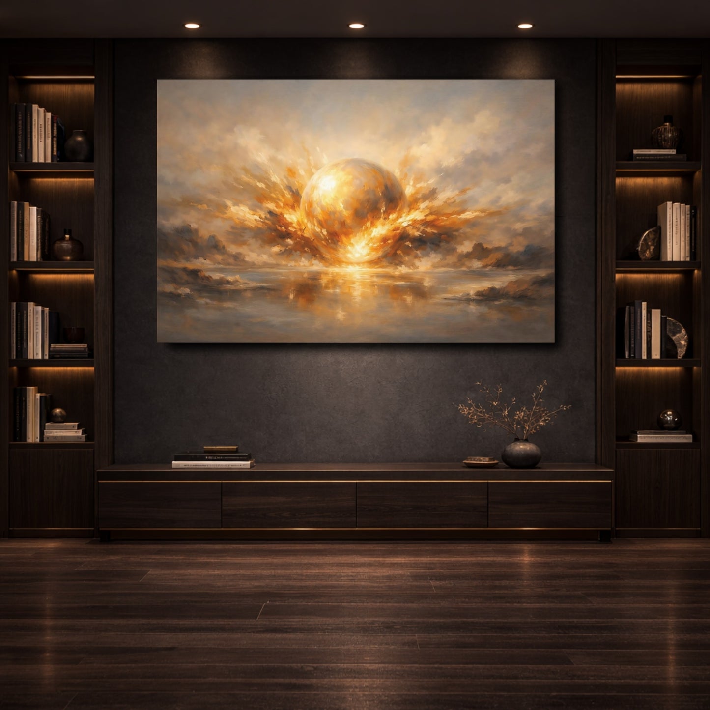 Mockup 3. Science Fiction Celestial Orb Gold And Gray shown as stretched canvas wall art