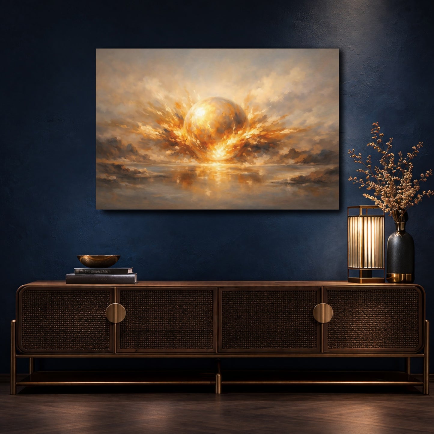 Mockup 4. Science Fiction Celestial Orb Gold And Gray shown as stretched canvas wall art