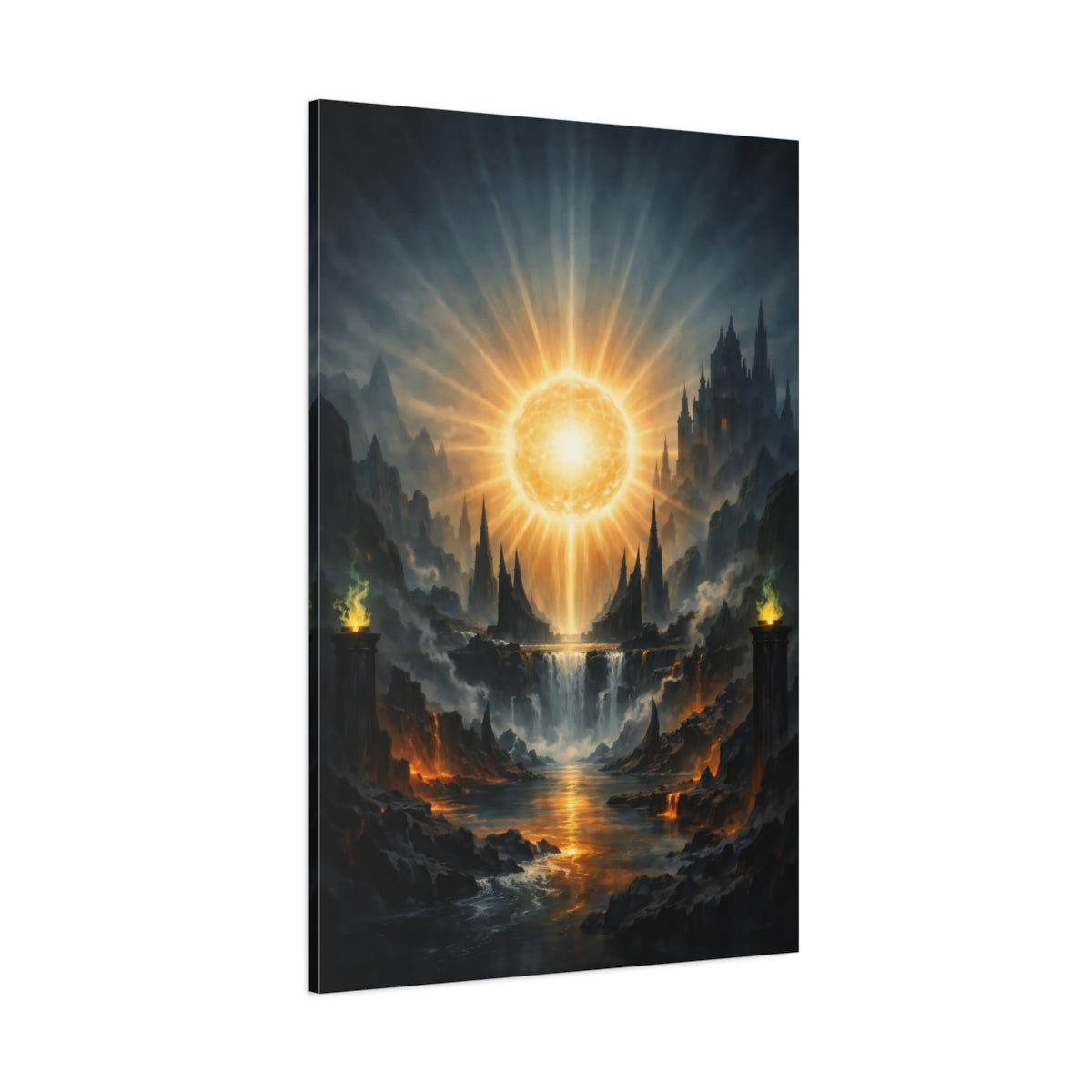 Main Mockup. Science Fiction Celestial Orb Orange And Blue shown as stretched canvas wall art
