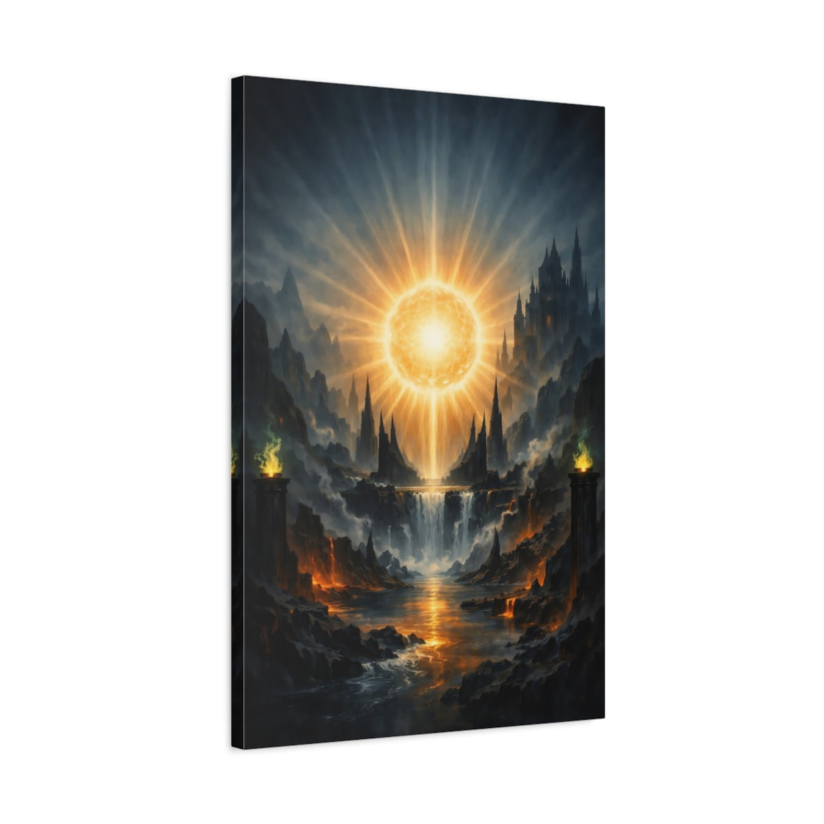 Side Mockup 2. Science Fiction Celestial Orb Orange And Blue shown as stretched canvas wall art