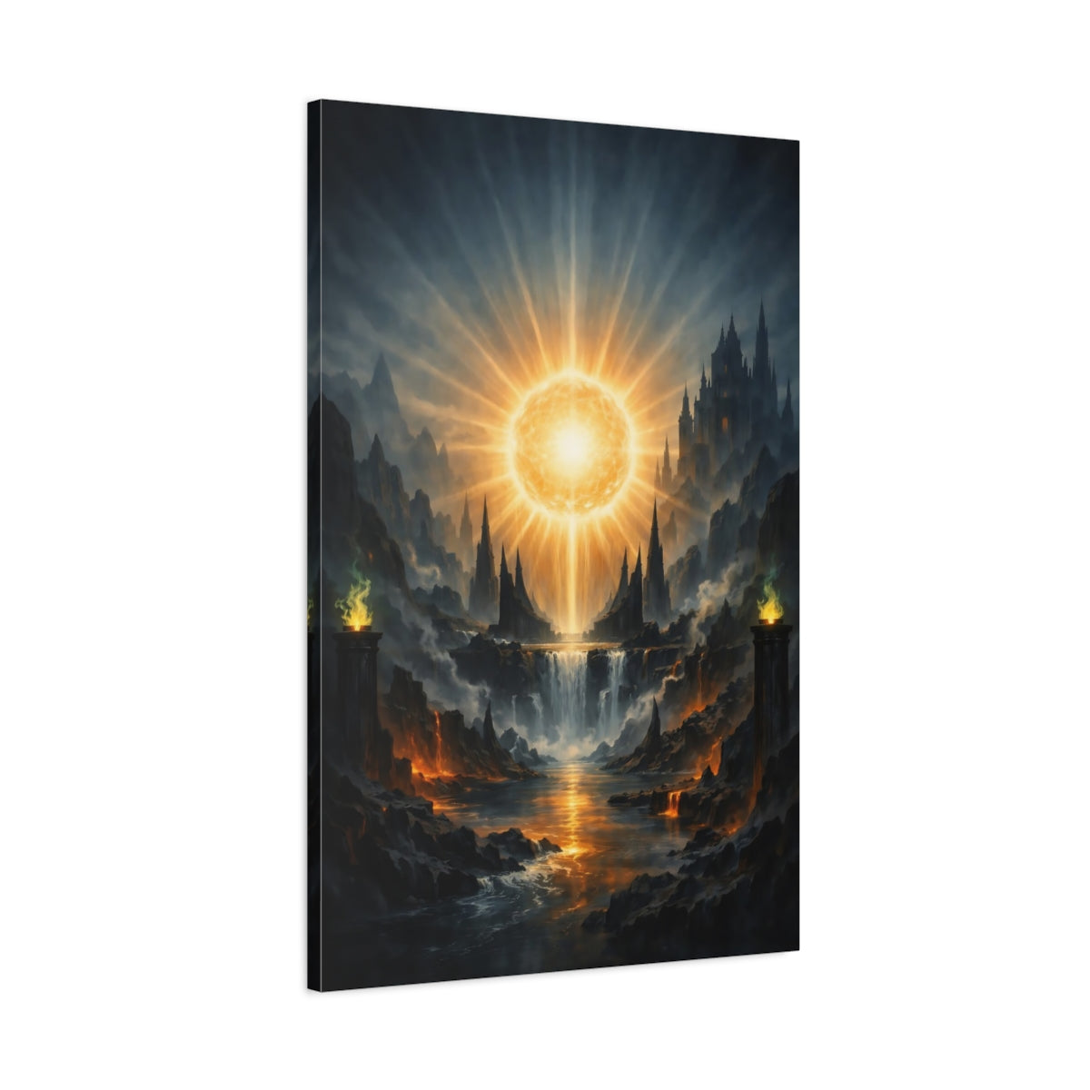 Side Mockup 1. Science Fiction Celestial Orb Orange And Blue shown as stretched canvas wall art