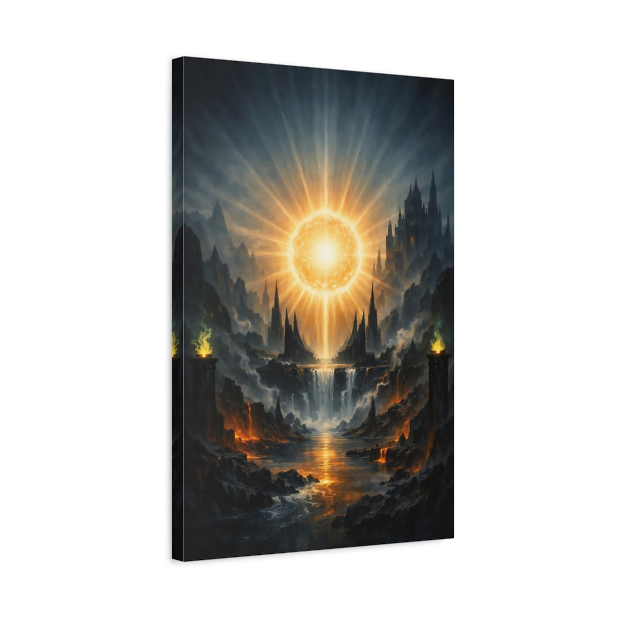 Side Mockup 3. Science Fiction Celestial Orb Orange And Blue shown as stretched canvas wall art